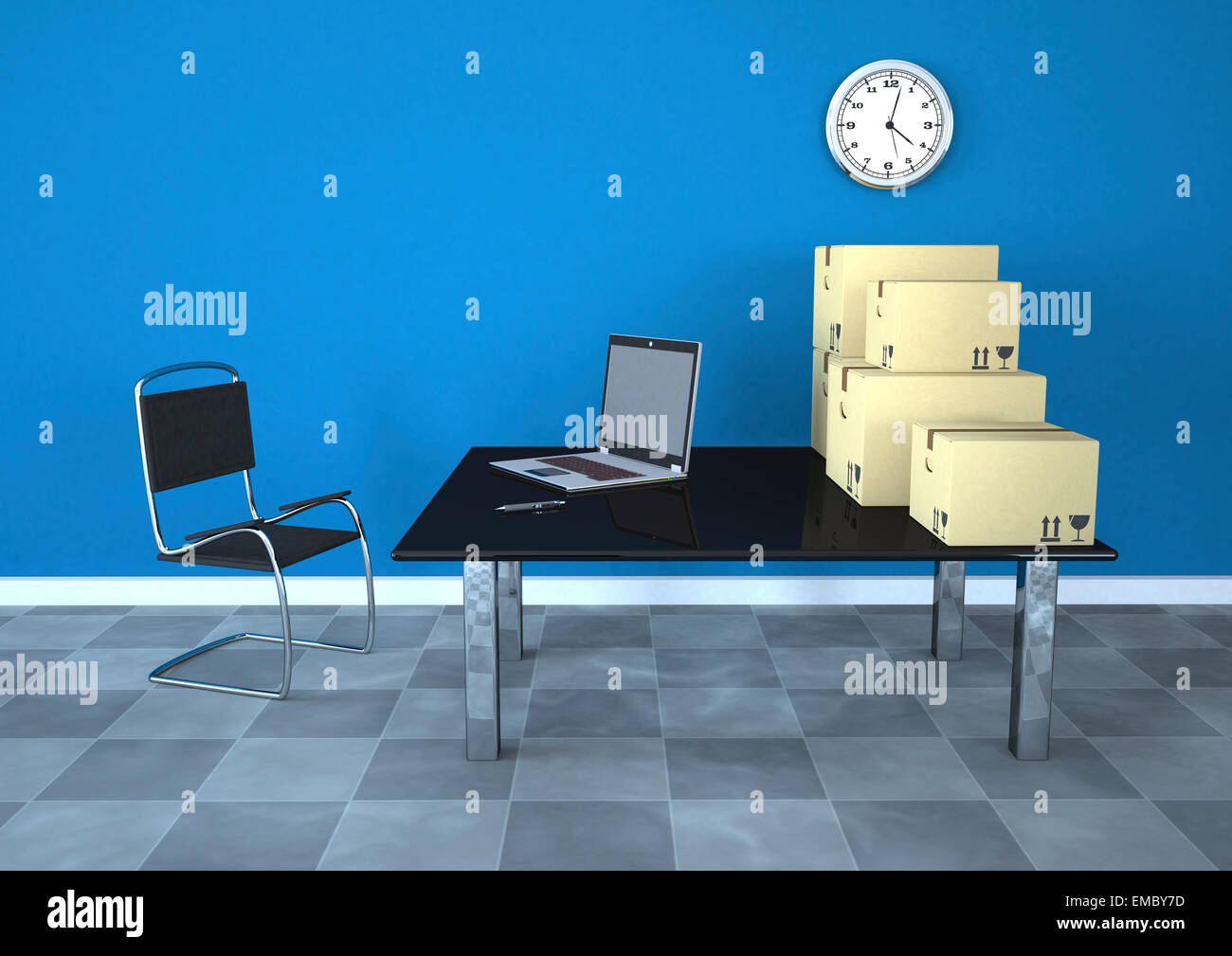 Versandkartons mit Notebook in einem Raum, 3D-Rendering Stockfoto