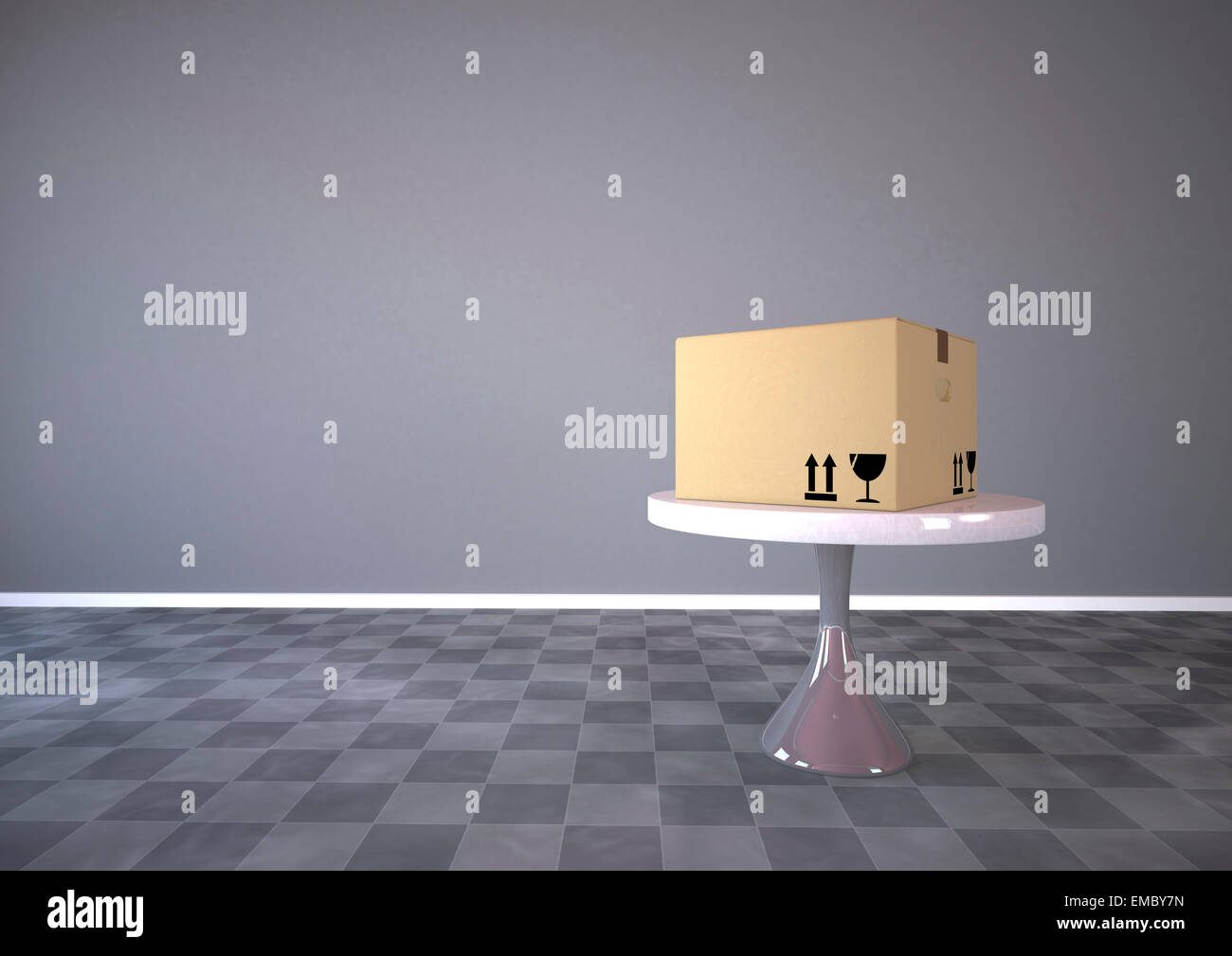 Karton auf einem runden Tisch, 3D Rendering Stockfoto