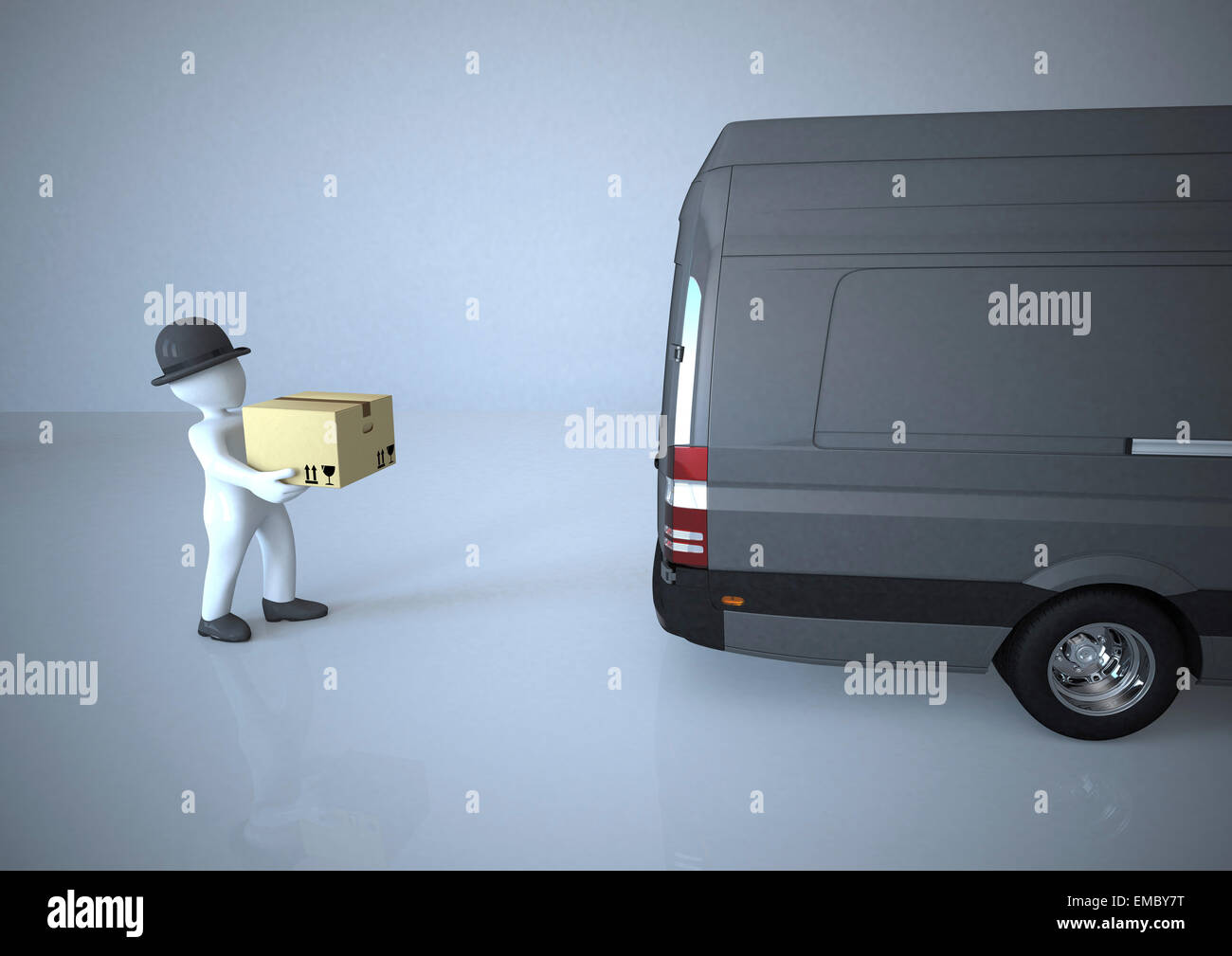 Puppe mit Karton an Lieferwagen, 3d Rendering Stockfoto