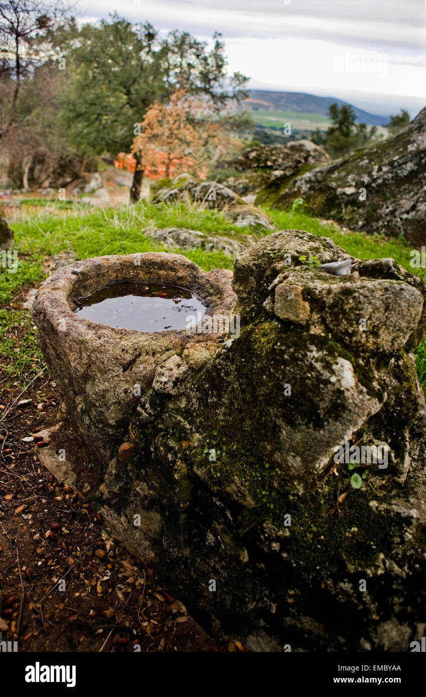 Verlassene Granit Brüstung eines Brunnens Pedroso de Acim Village, Caceres, Spanien Stockfoto