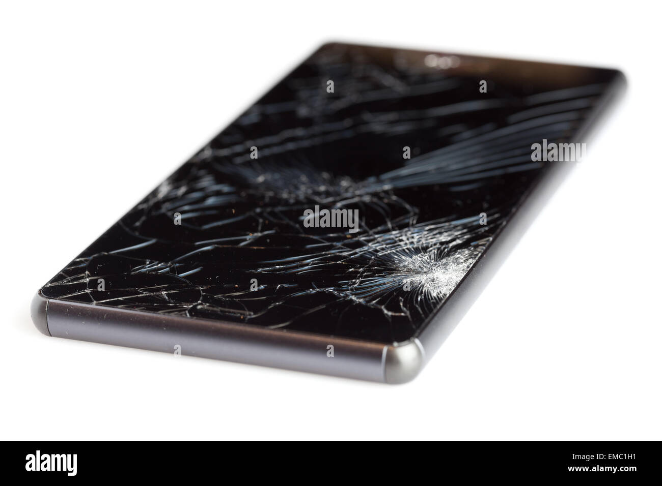 Handy mit gebrochenen Bildschirm isoliert auf weißem Hintergrund Stockfoto