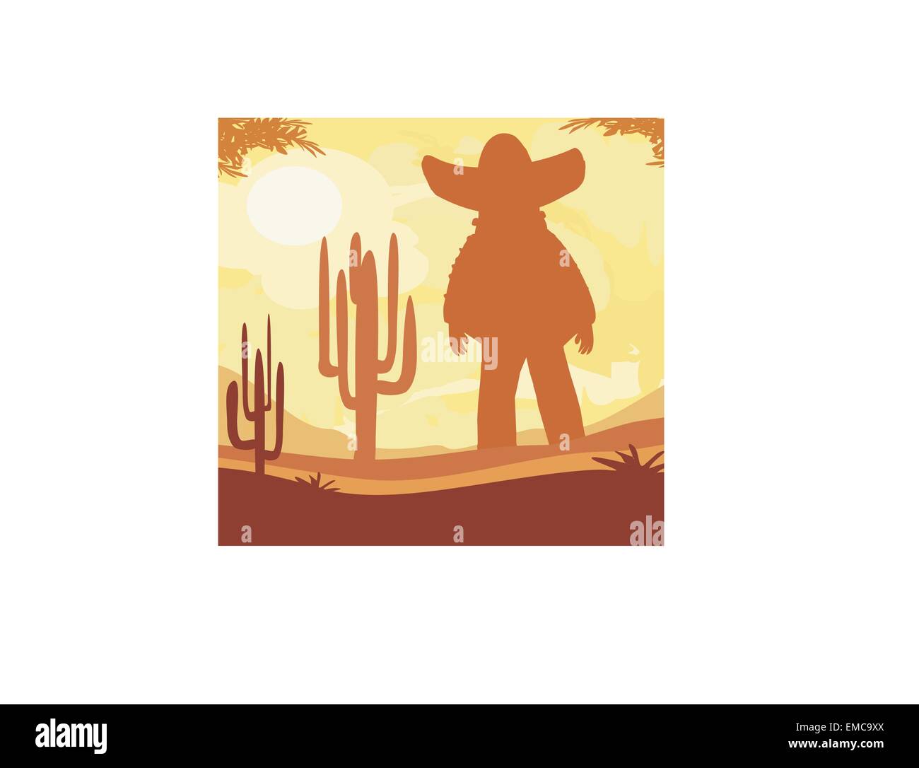 Mann in einem Sombrero und Kaktus Pflanzen im Sonnenuntergang Wüste Stock Vektor