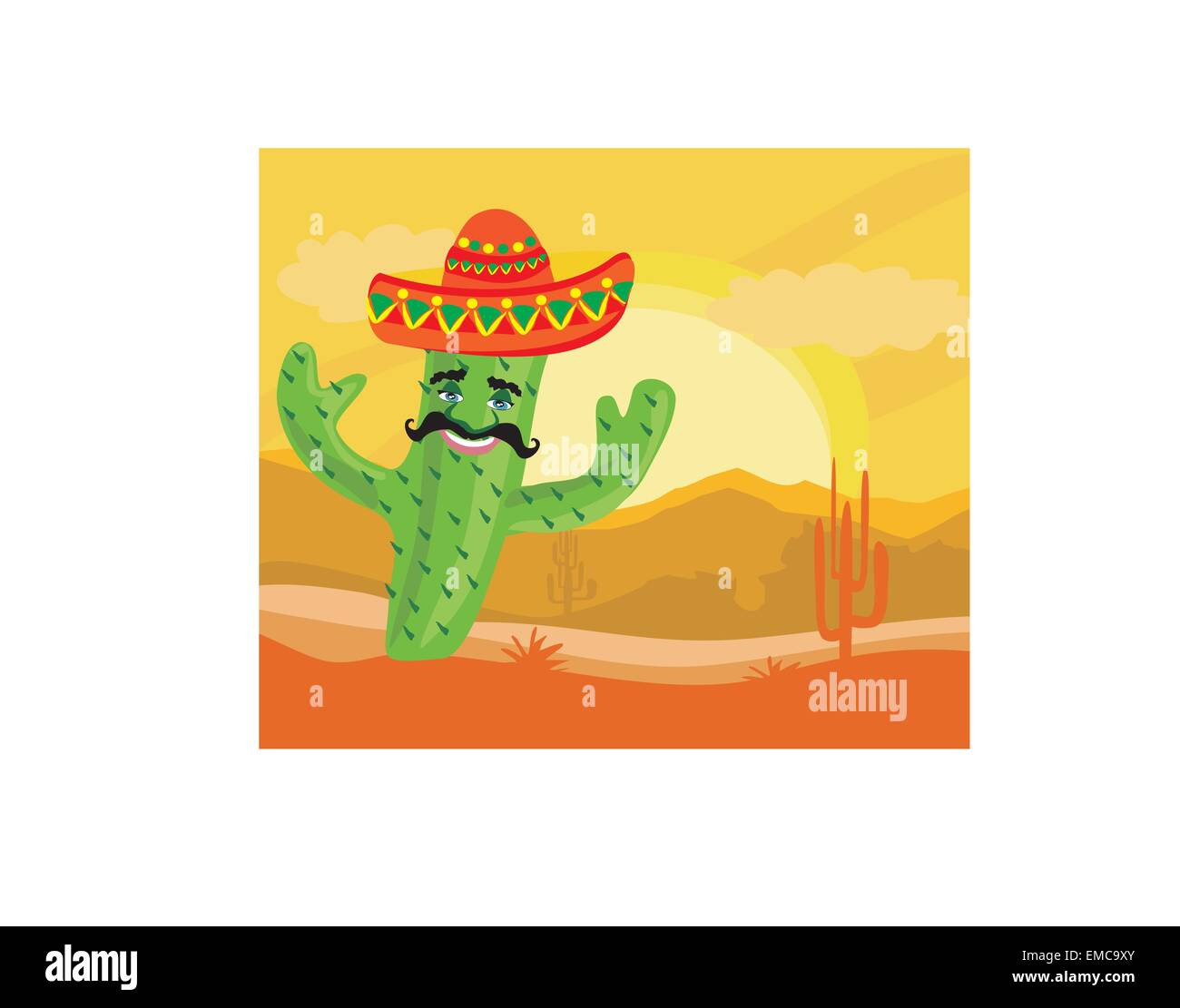 lustige Kaktus mit einem Sombrero in Wüste Stock Vektor