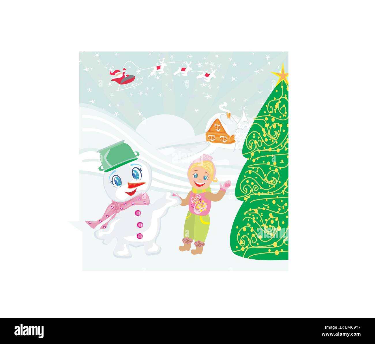 Weihnachtsmann, süßen Schneemann und lächelndes Mädchen Stock Vektor