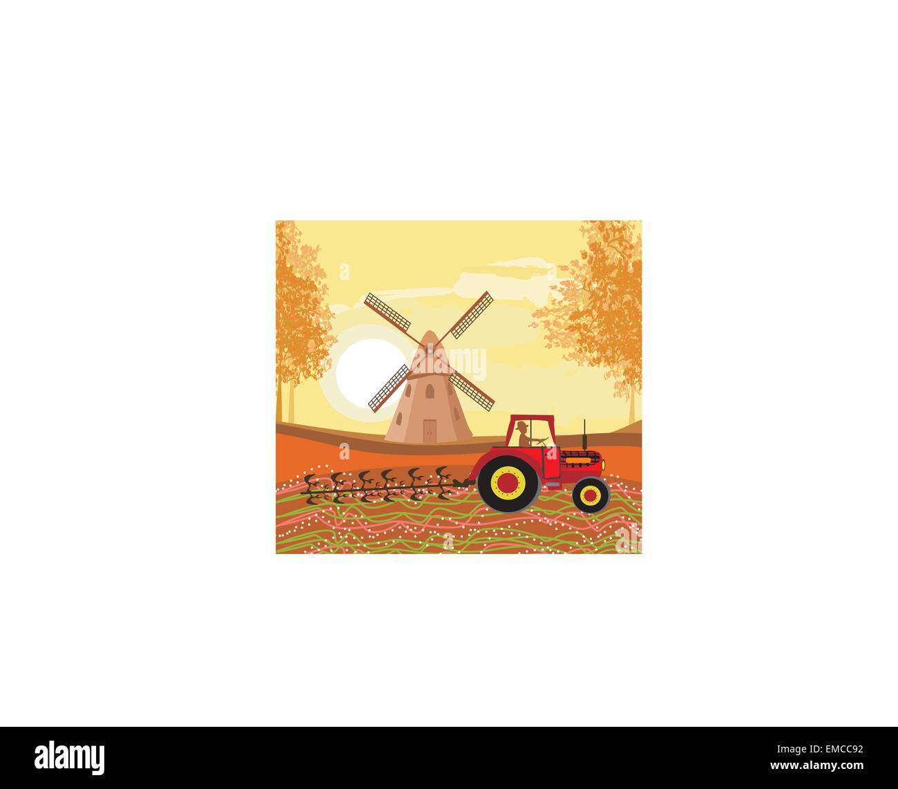 Traktor Pflügen Feld im Herbst Stock Vektor