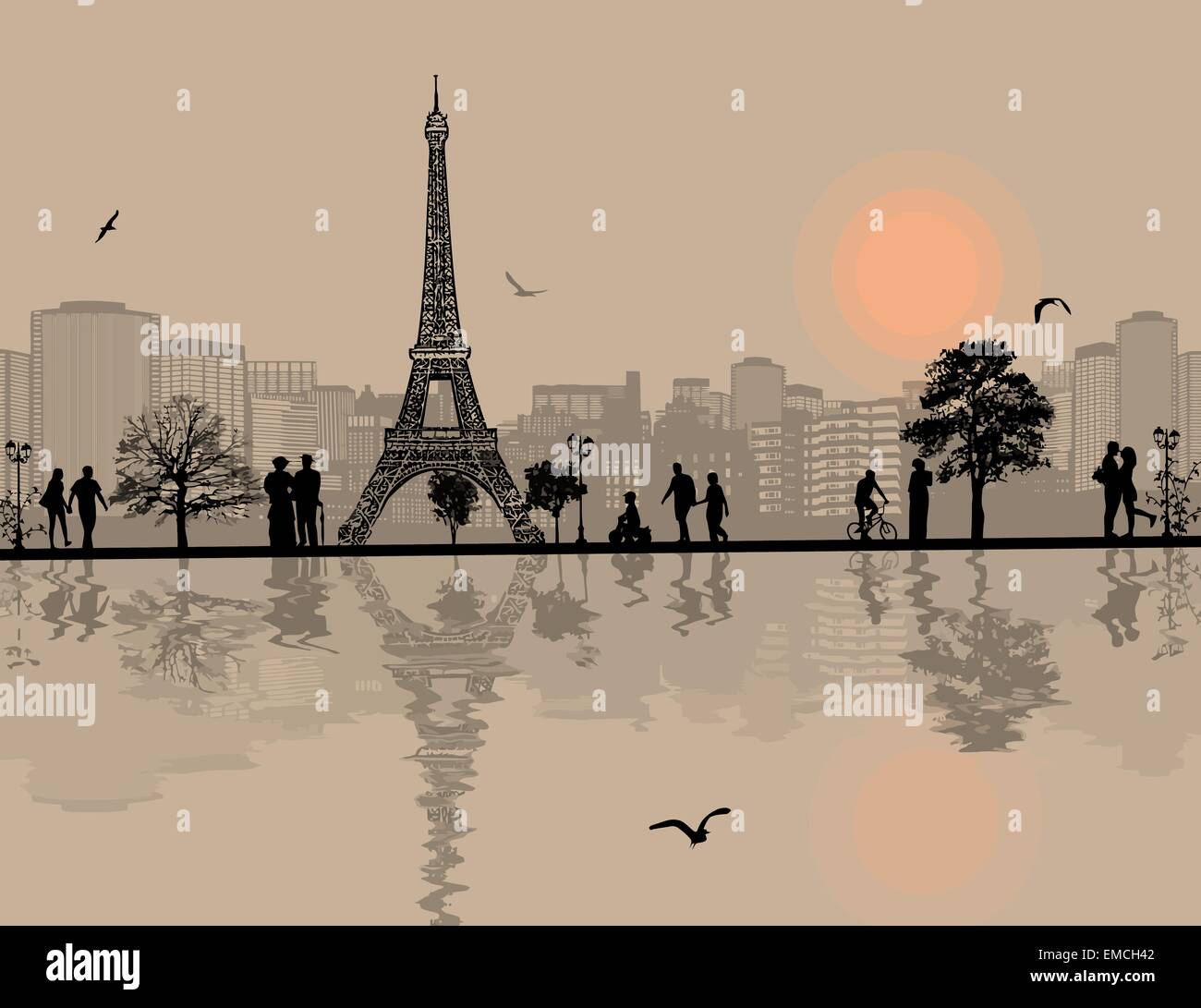 Stadtbild und Menschen Silhouette Paris Stock Vektor