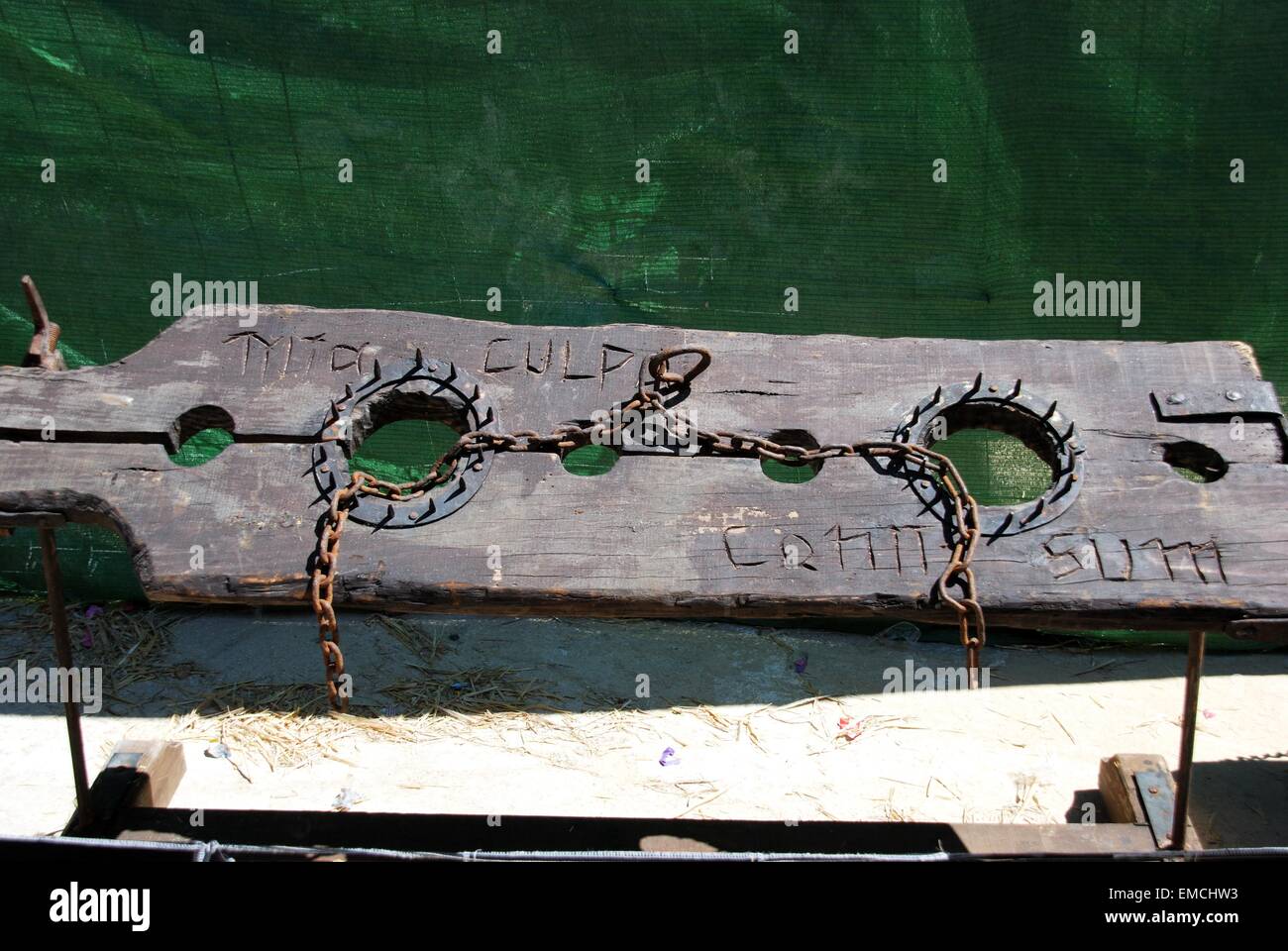 Mittelalterliche Folter Bestände an den mittelalterlichen Markt, Barbate, Provinz Cadiz, Andalusien, Spanien, Westeuropa. Stockfoto