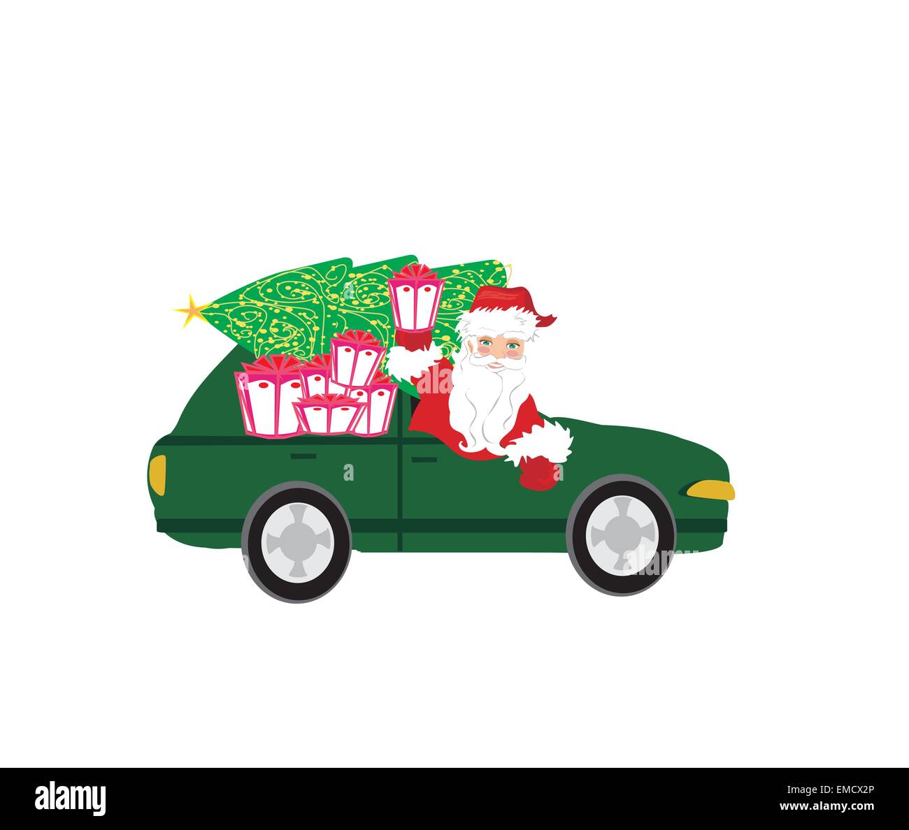 Abbildung des Weihnachtsmannes fahren Autos mit Weihnachtsgeschenk Stock Vektor