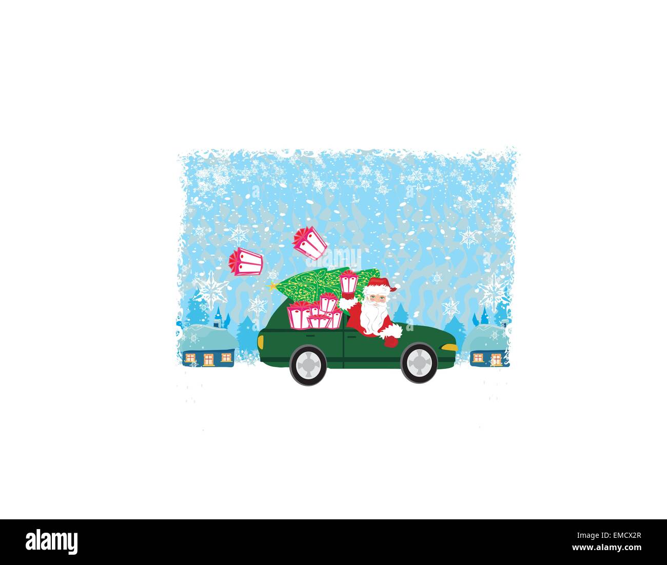 Abstrakte Karte mit Santa Claus fahren Autos mit Weihnachtsgeschenk Stock Vektor
