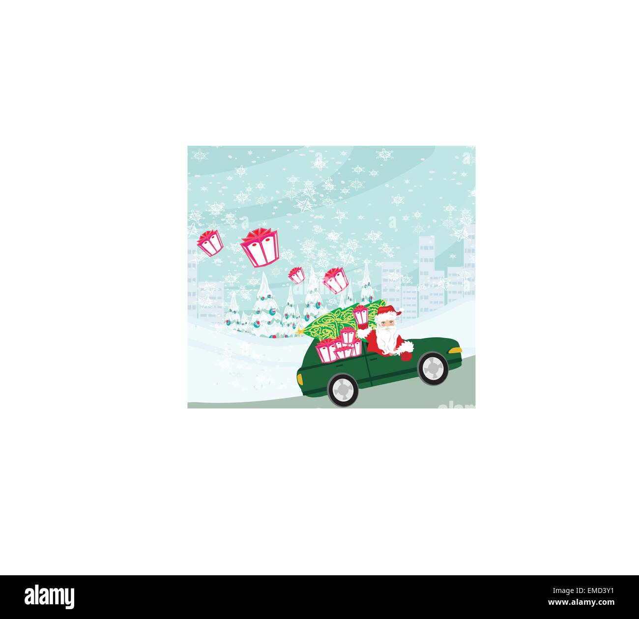 Santa Claus fahren Autos mit Weihnachtsgeschenke Stock Vektor