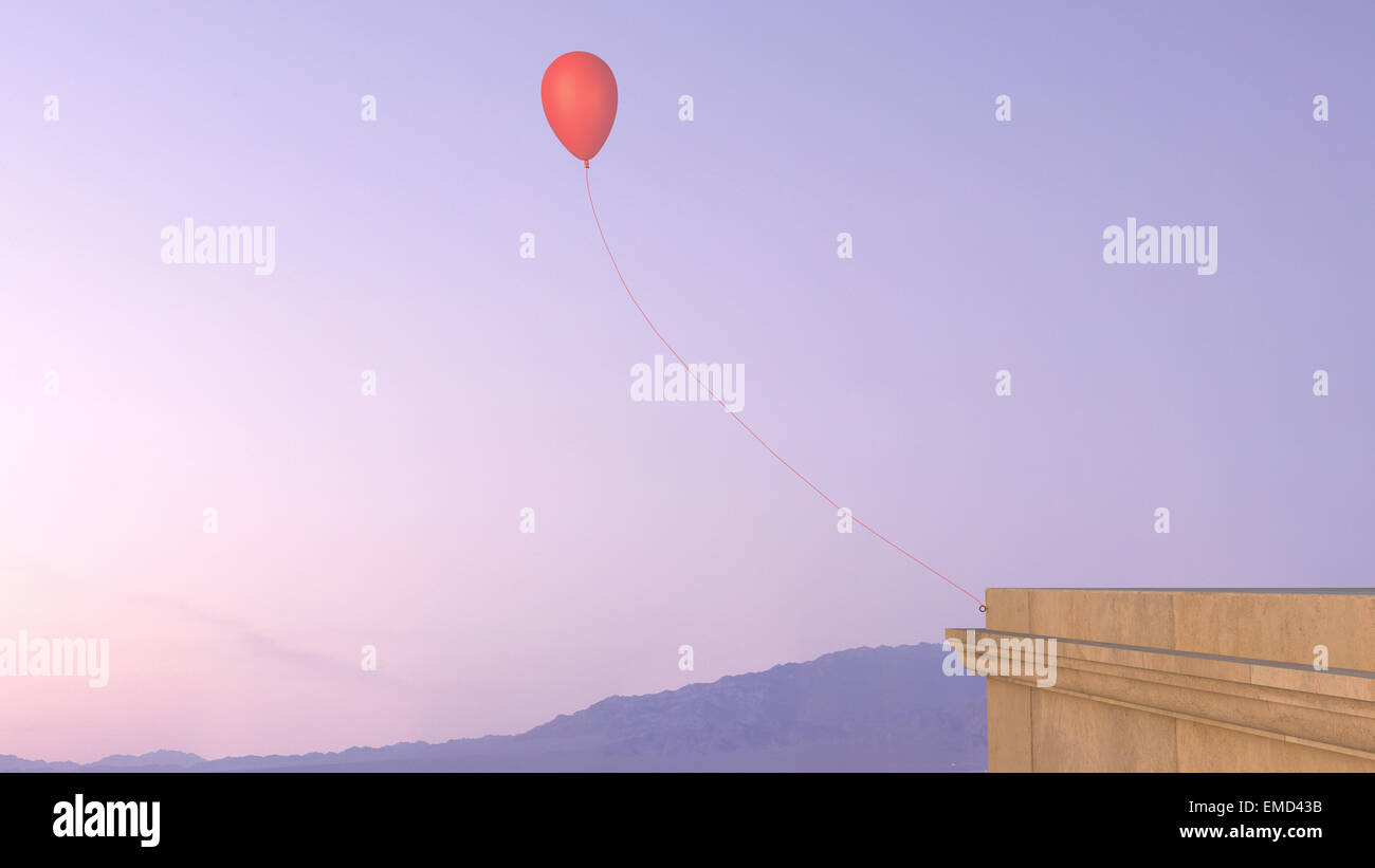 Ballon befestigt Hauswand in den Himmel, 3D rendering Stockfoto