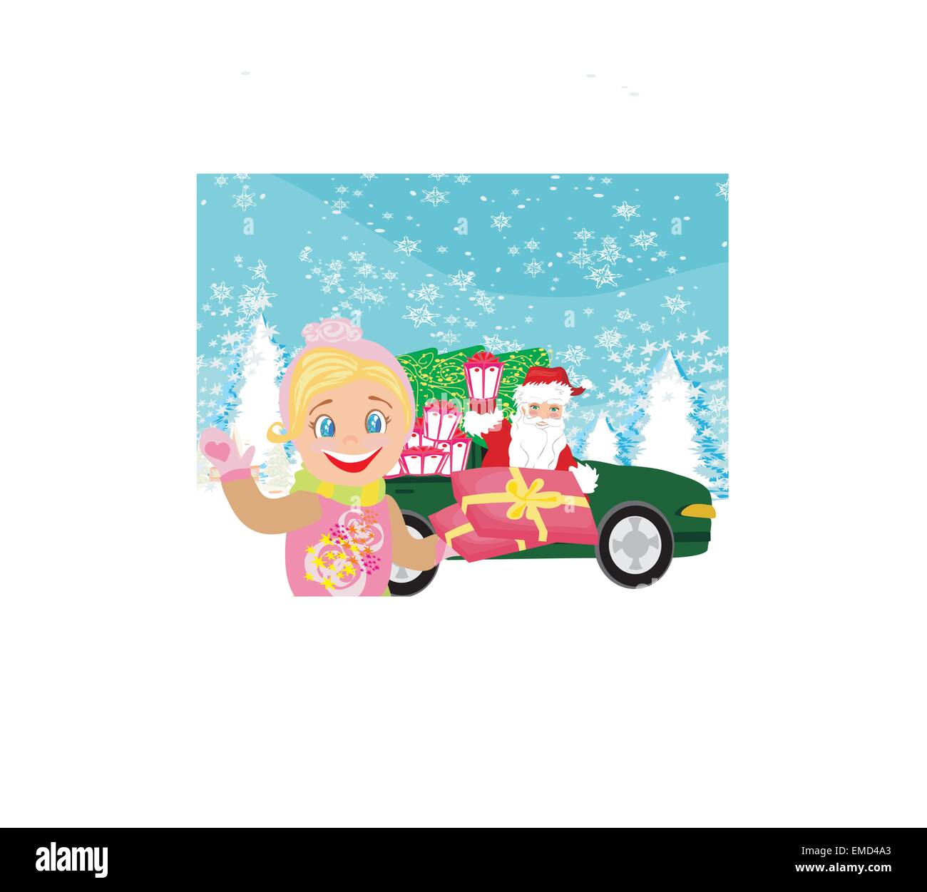 Santa Claus fahren Autos mit Weihnachtsgeschenke Stock Vektor
