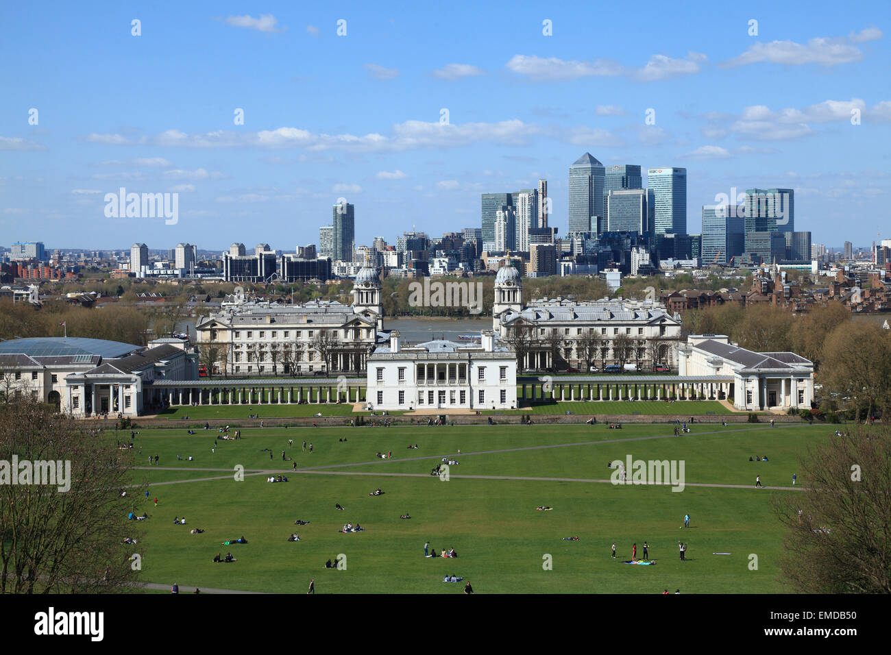 Canary Wharf und Greenwich Naval College London Stockfoto