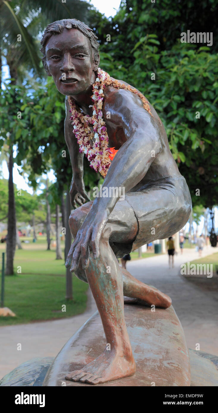 Hawaii, Oahu, Waikiki, Surfer Statue, Stockfoto