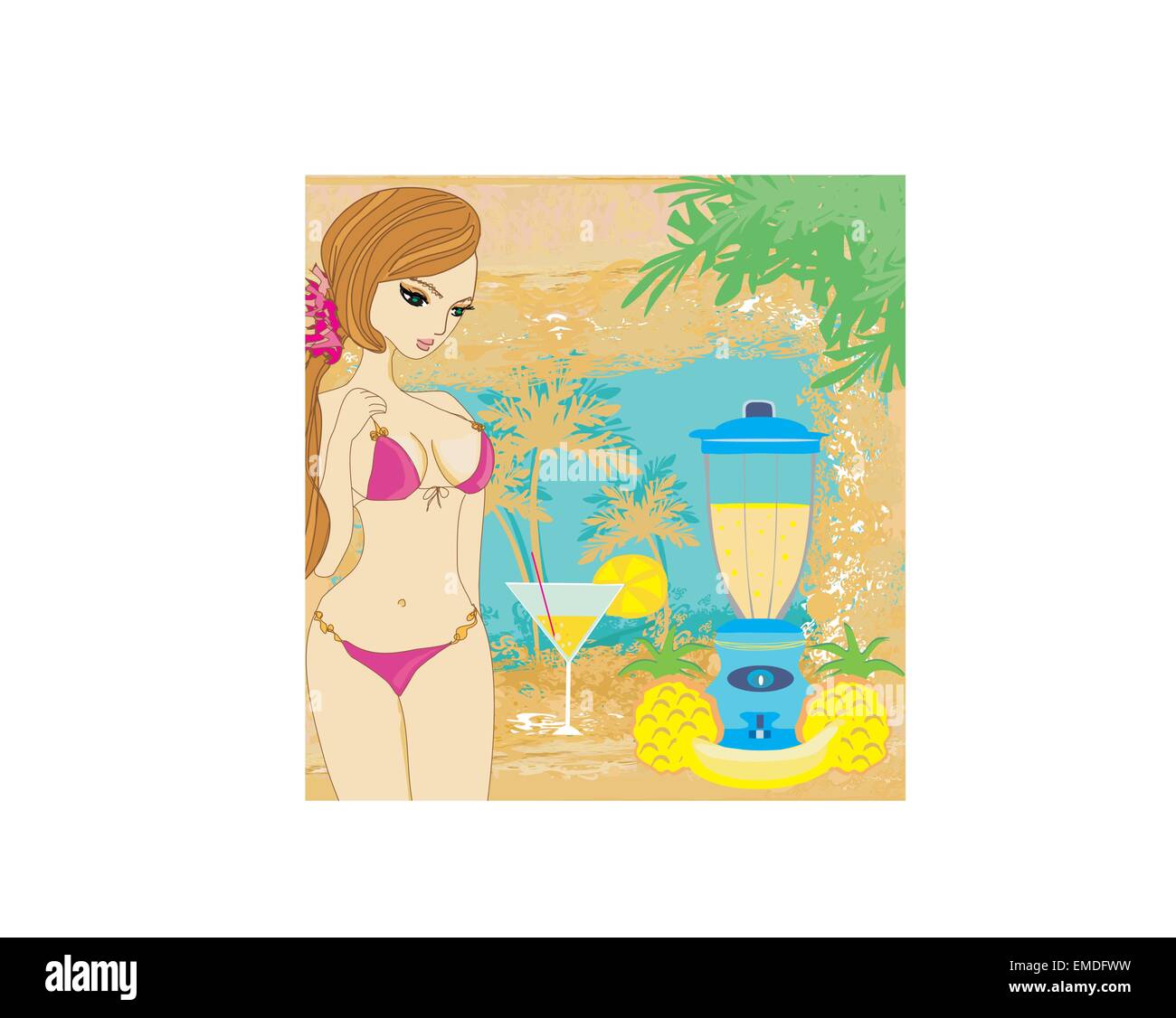 Vektor-Sommer-Hintergrund mit schönen Mädchen und fruchtigen drink Stock Vektor