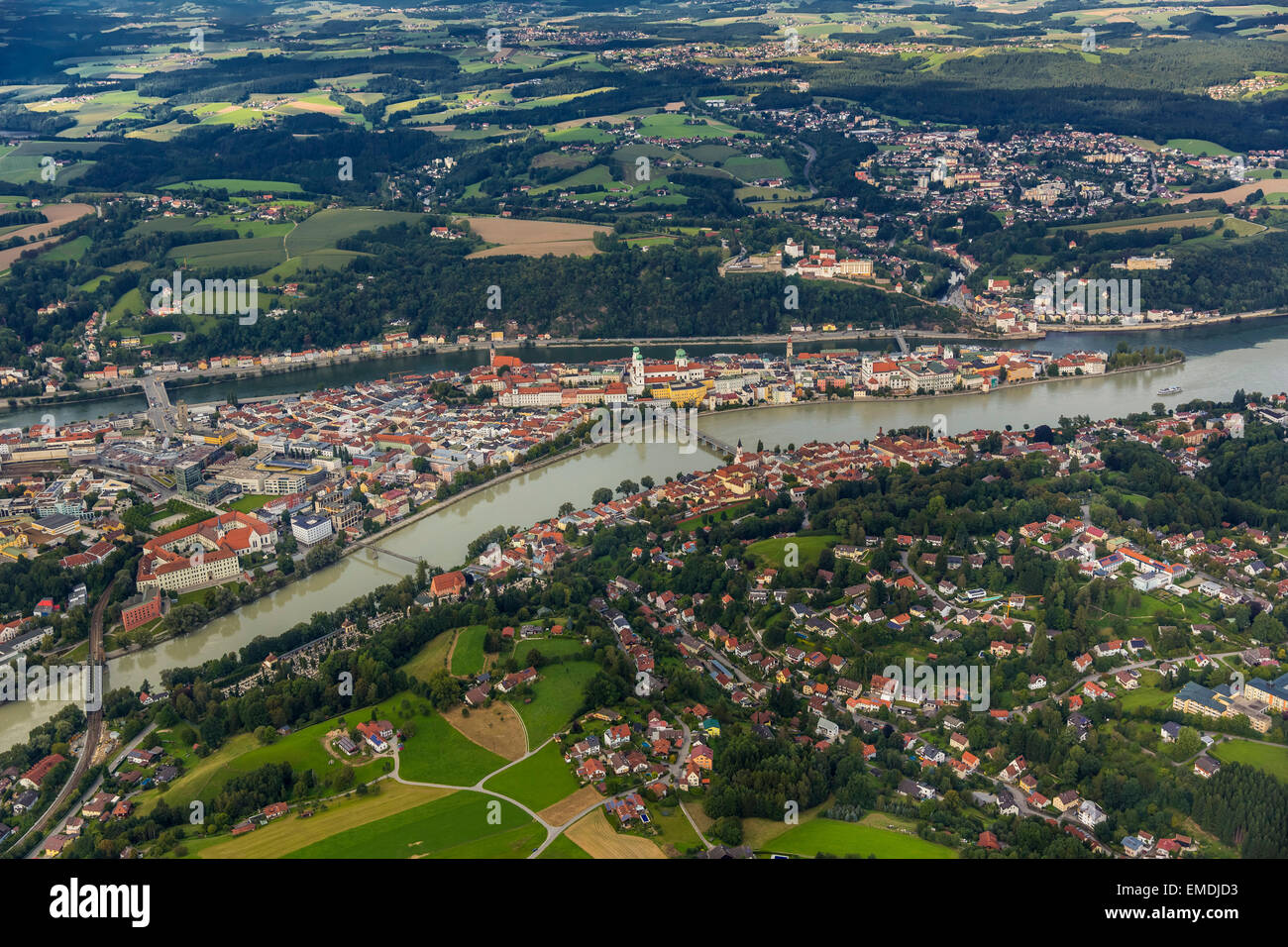 Altstadt von Passau, Gemeinde Schardenberg, Zusammenfluss der drei Flüsse Donau, Inn und Ilz, Passau, Niederbayern Stockfoto