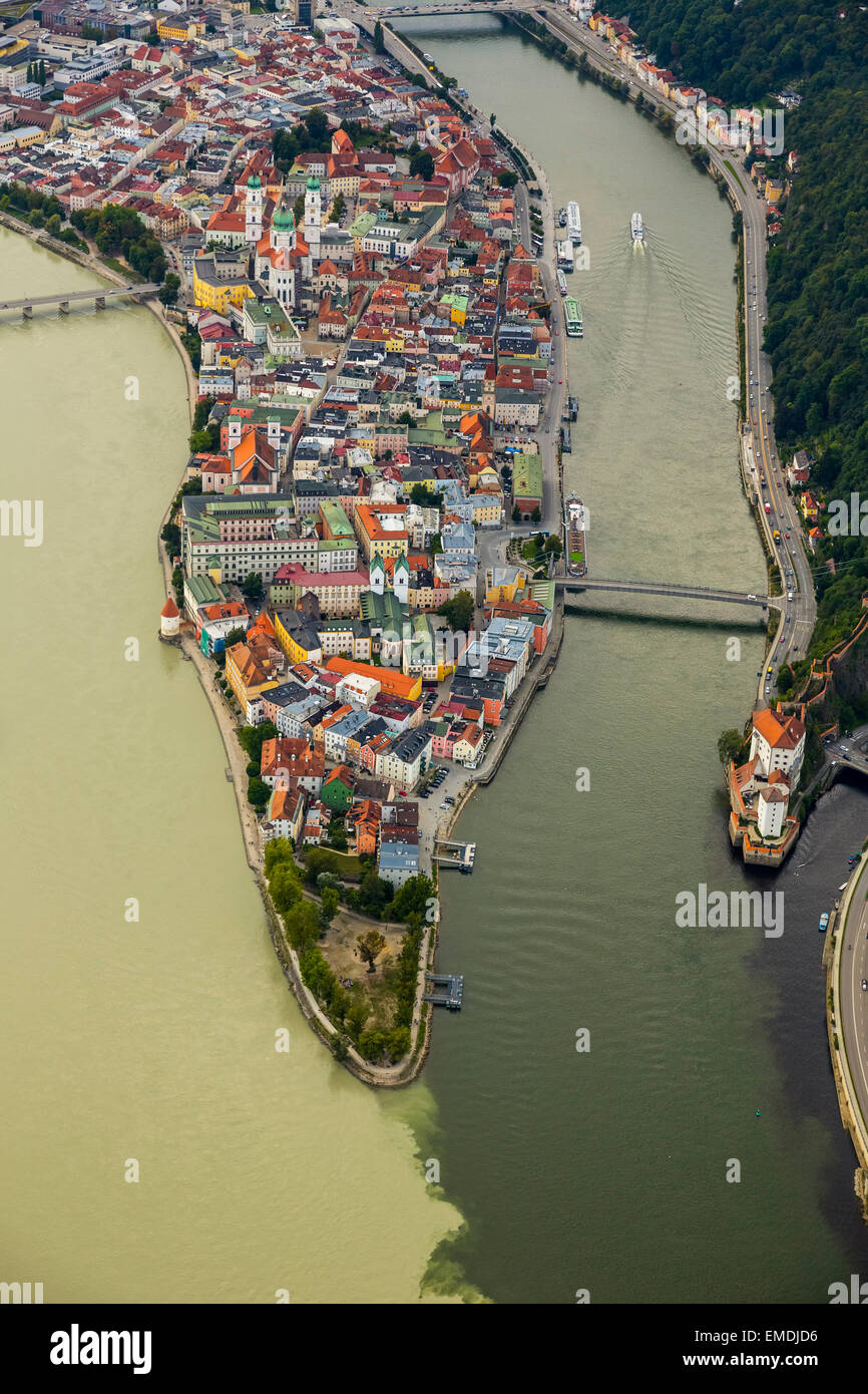 Altstadt von Passau, Zusammenfluss der drei Flüsse, Donau, Inn und Ilz ...