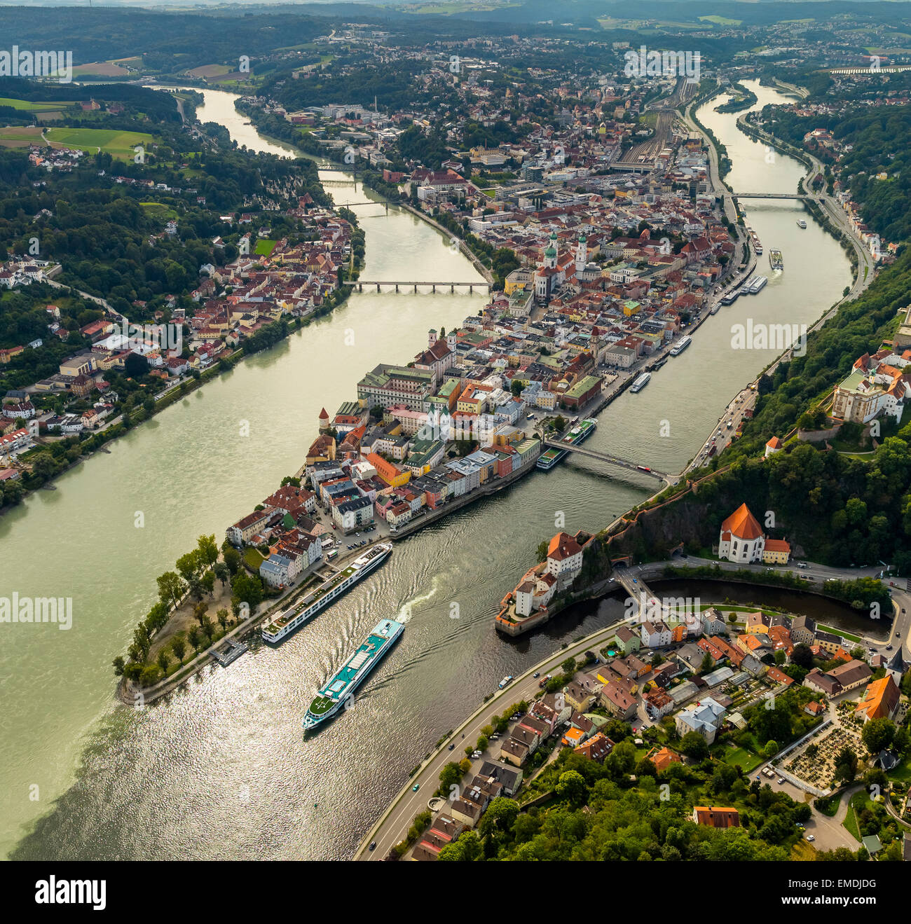 Altstadt von Passau, Veste Oberhaus, Zusammenfluss der drei Flüsse Donau, Inn und Ilz, Passau, Bayern, Niederbayern Stockfoto