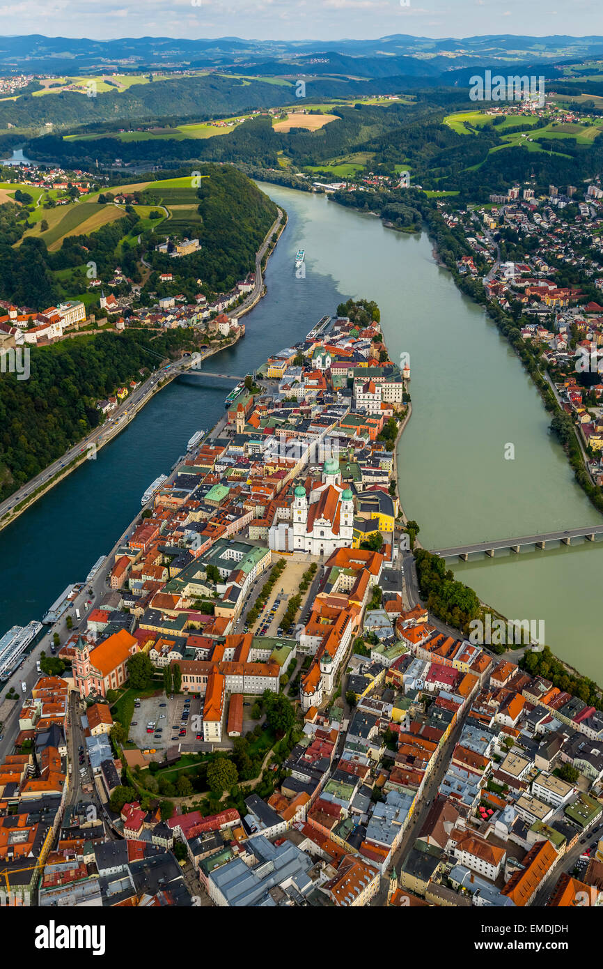 Altstadt von Passau, Zusammenfluss der drei Flüsse, Donau, Inn und Ilz, Passau, untere Bayern, Bayern, Deutschland