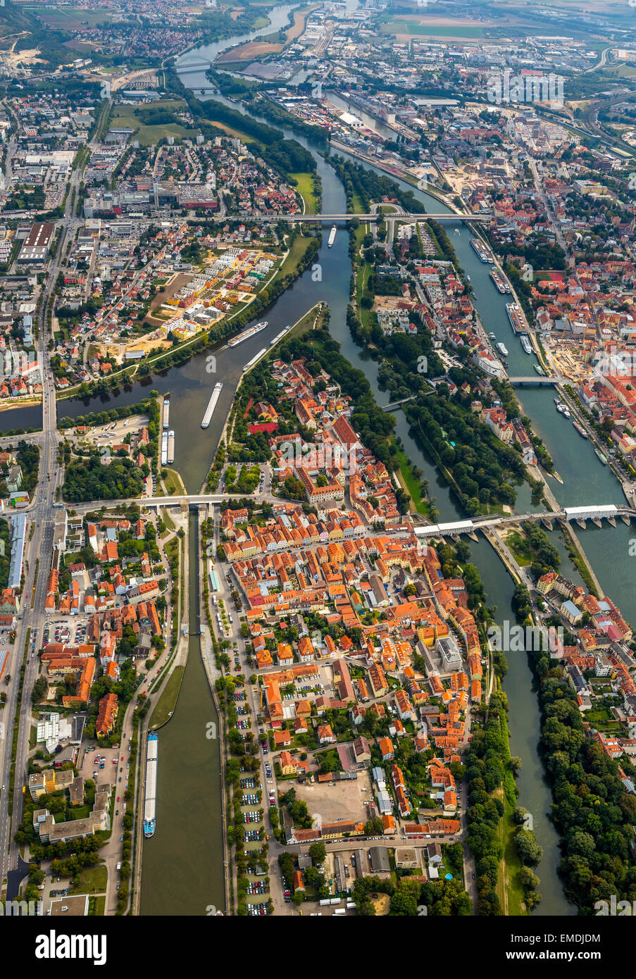 Zusammenfluss von Donau und Regen, Donauinsel, Regensburg, Oberpfalz, Bayern, Deutschland Stockfoto