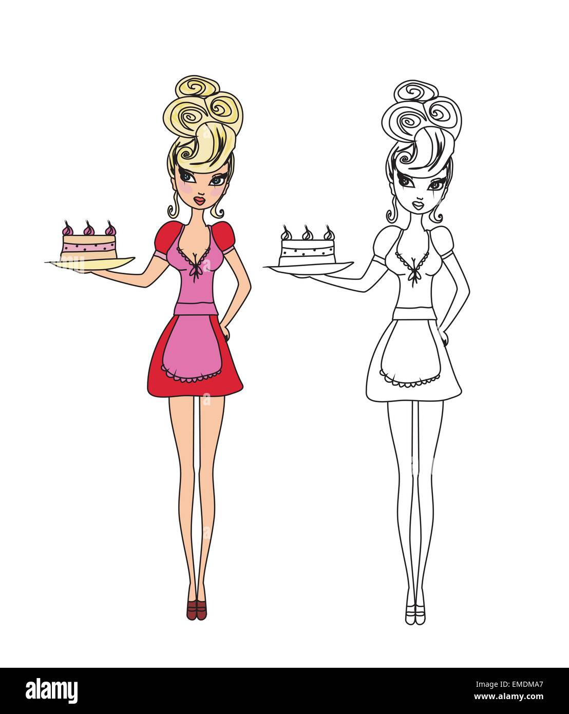 Hausfrau servieren Kuchen mit Sahne - doodle lustig Abbildung Stock Vektor