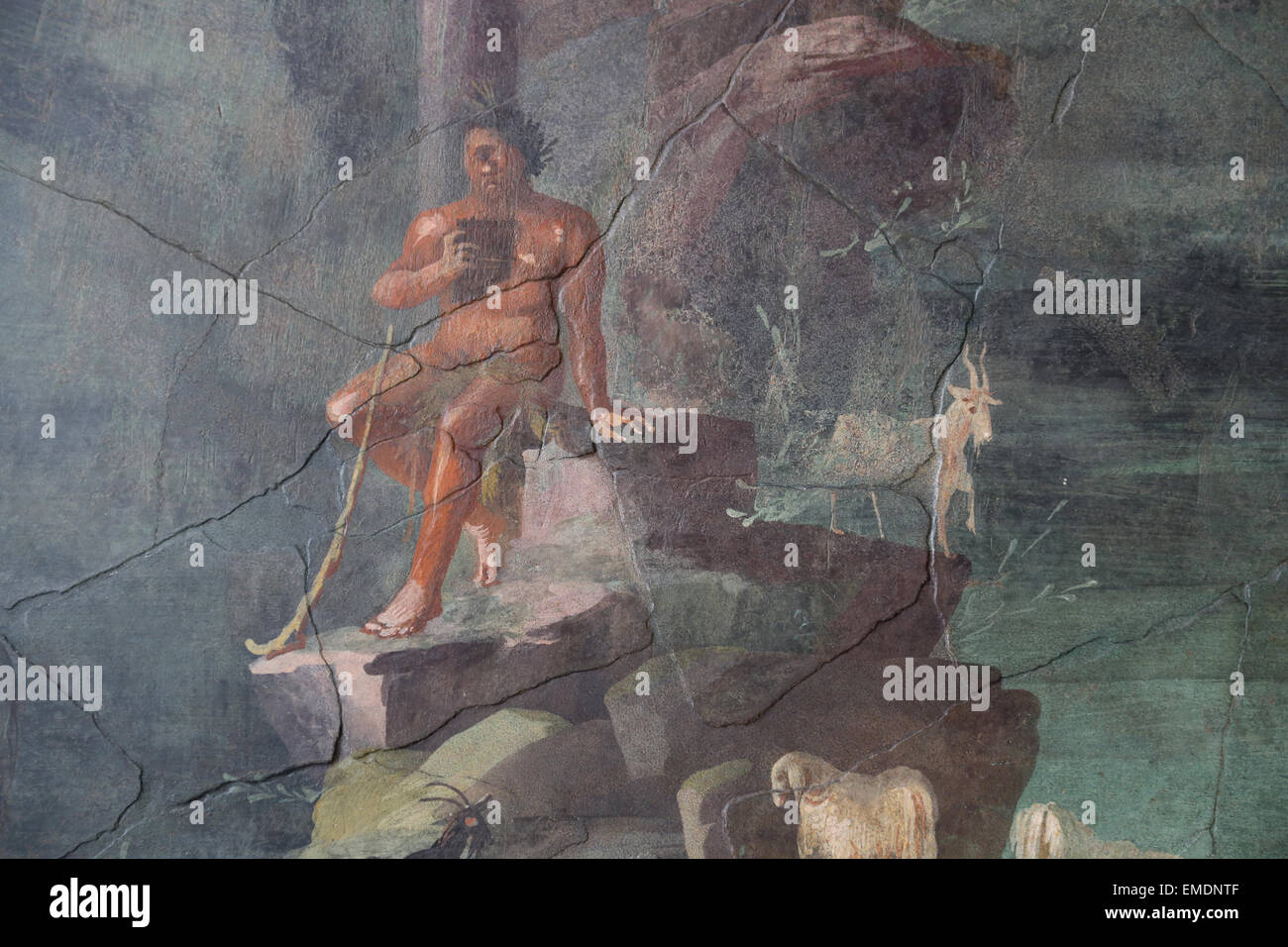 Römische Malerei. Augusteischen Zeitalter, 1. Jh. n. Chr.. Von der Villa des Agrippa Postumus an Boscotrecase, Italien. Landschaft mit Polyphem. Stockfoto