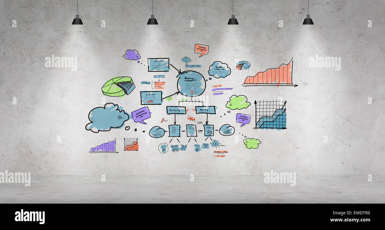 Betonwand mit bunten großen Plan und Lichter Stockfoto