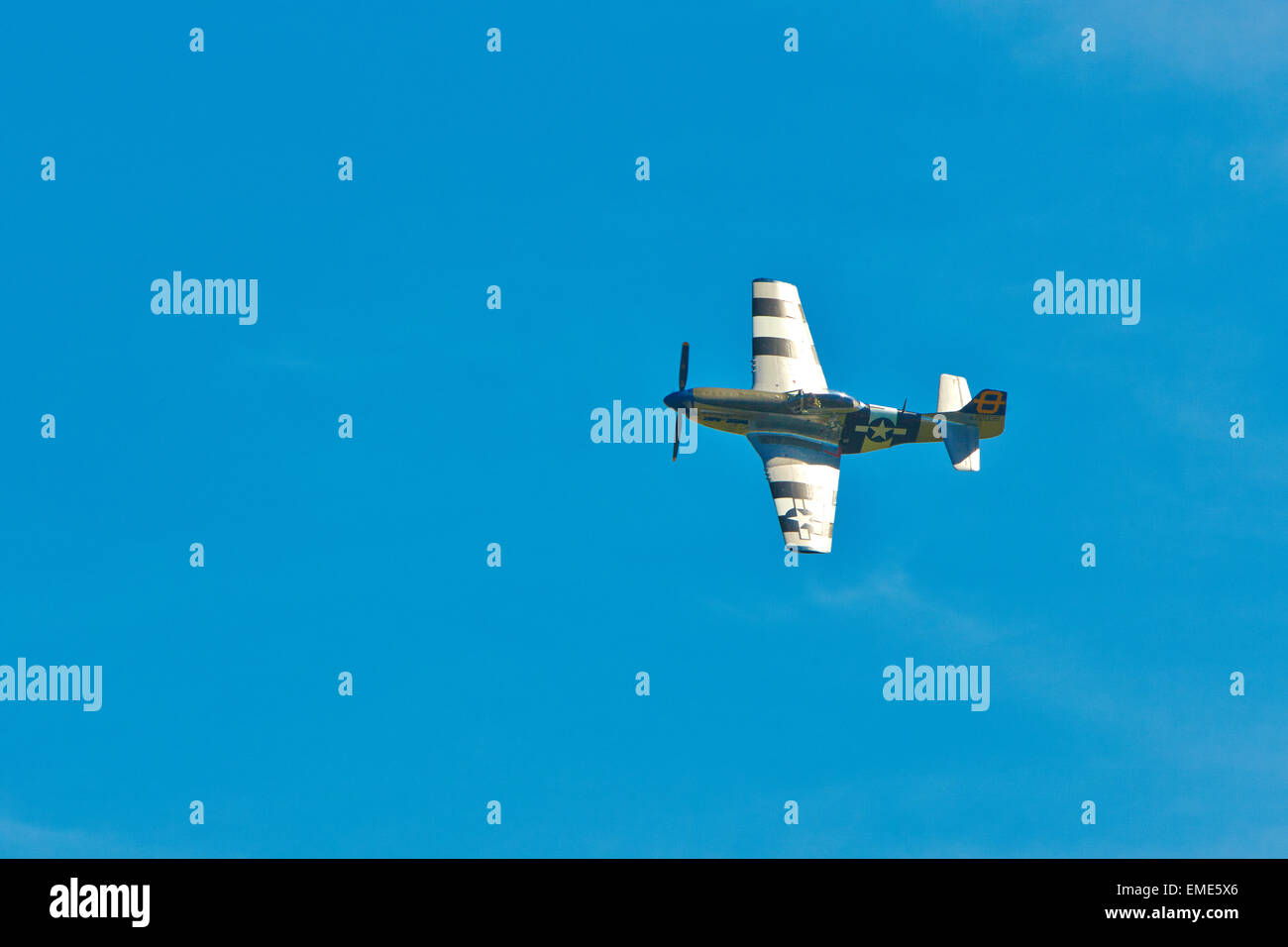 P51 Mustang Jagdflugzeug fliegt über dem Santa Pod Raceway in Podington Stockfoto