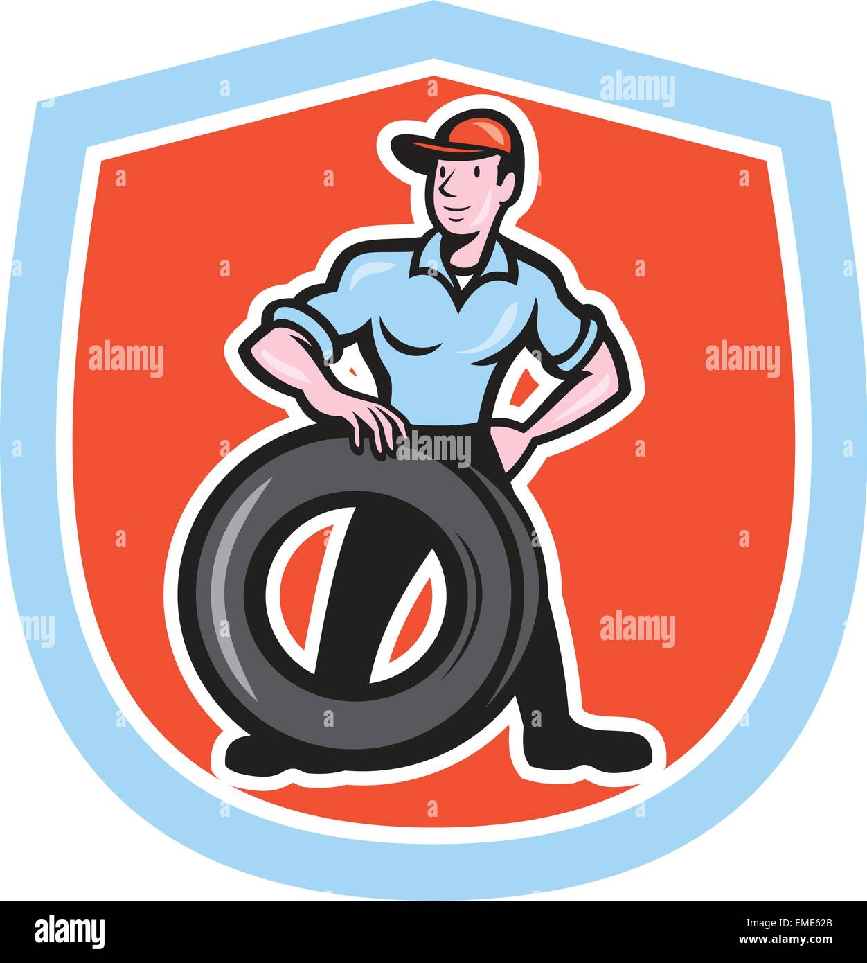 Tireman Mechaniker mit Reifen Cartoon Schild Stock Vektor