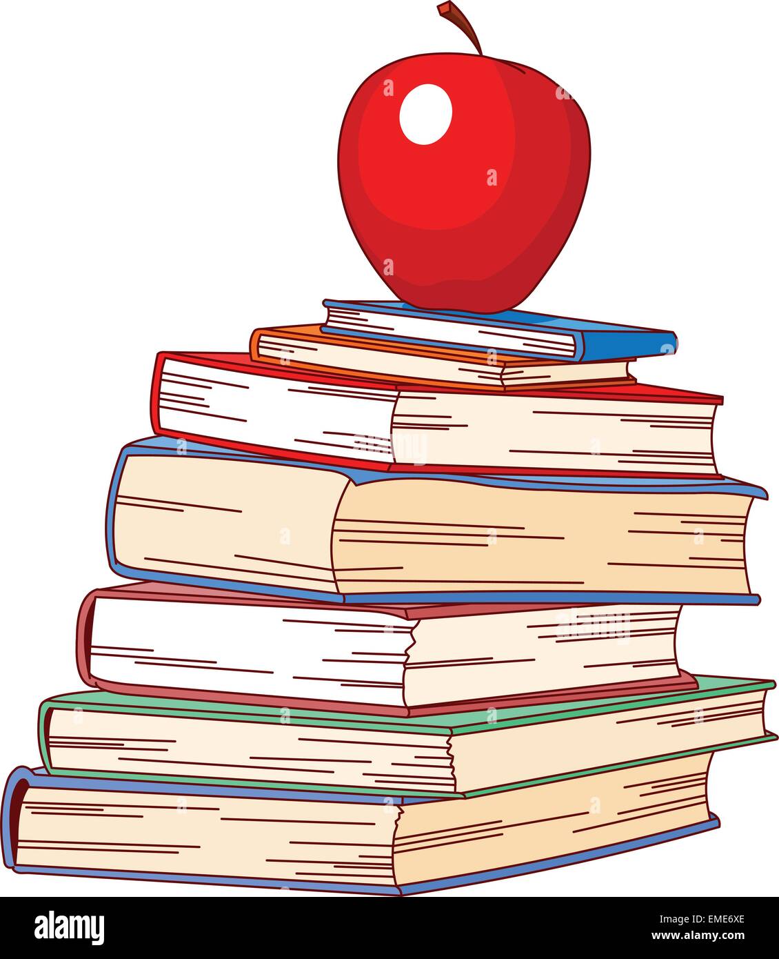 Haufen Buch und roter Apfel Stock Vektor