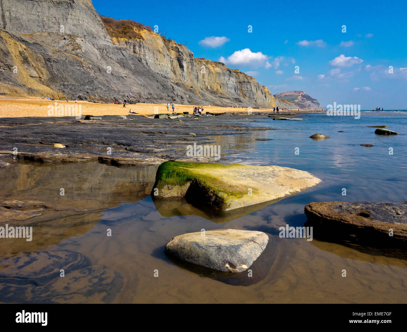 Der Strand an der Jurassic Coast World Heritage Site bei Charmouth West Dorset England UK Blick nach Osten in Richtung Golden Cap Stockfoto