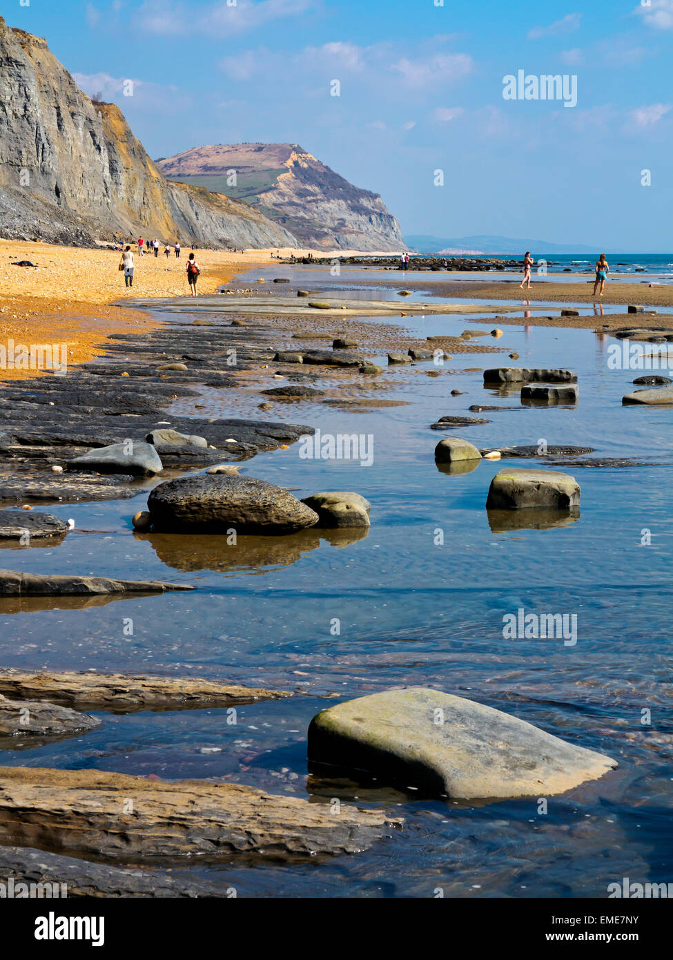 Der Strand an der Jurassic Coast World Heritage Site bei Charmouth West Dorset England UK Blick nach Osten in Richtung Golden Cap Stockfoto