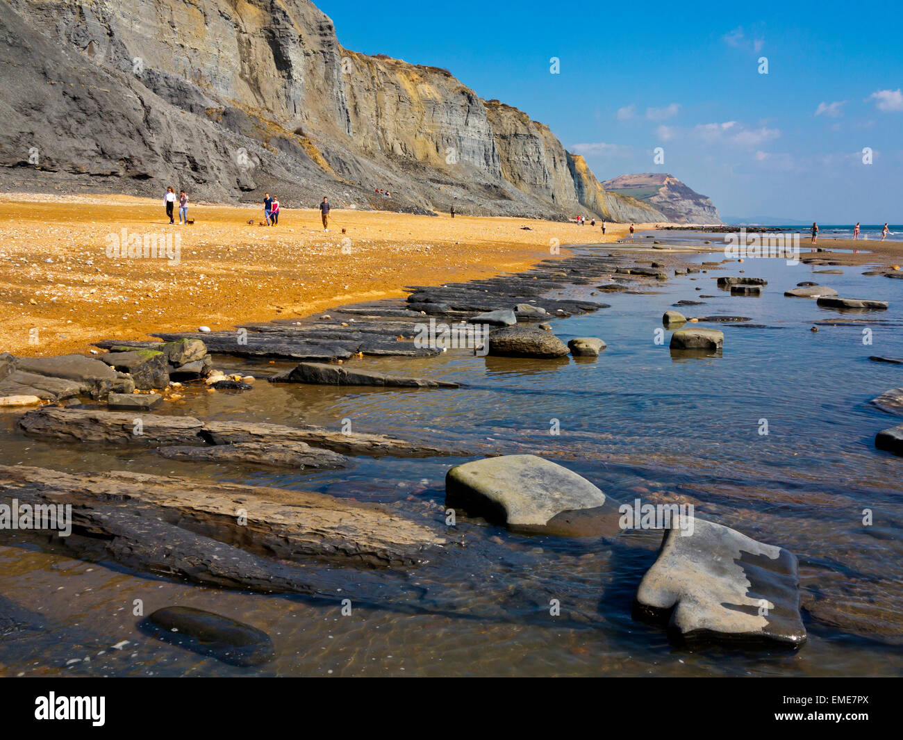 Der Strand an der Jurassic Coast World Heritage Site bei Charmouth West Dorset England UK Blick nach Osten in Richtung Golden Cap Stockfoto