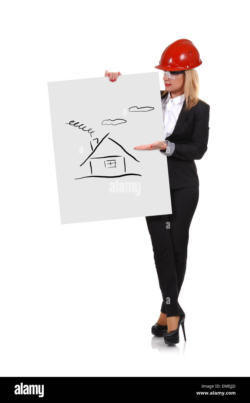 Ingenieur-Frau hält Poster mit Zeichnung Haus Stockfoto