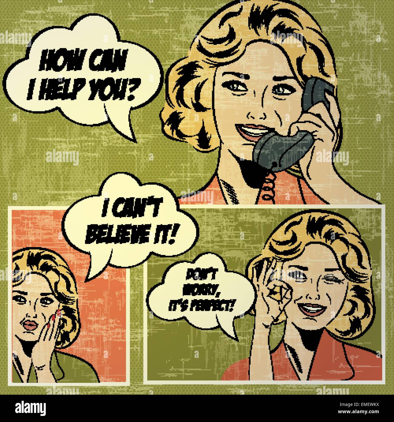 Illustrationen für Comic-Bücher mit Retro-Frau im Pop-Art-Stil Stock Vektor