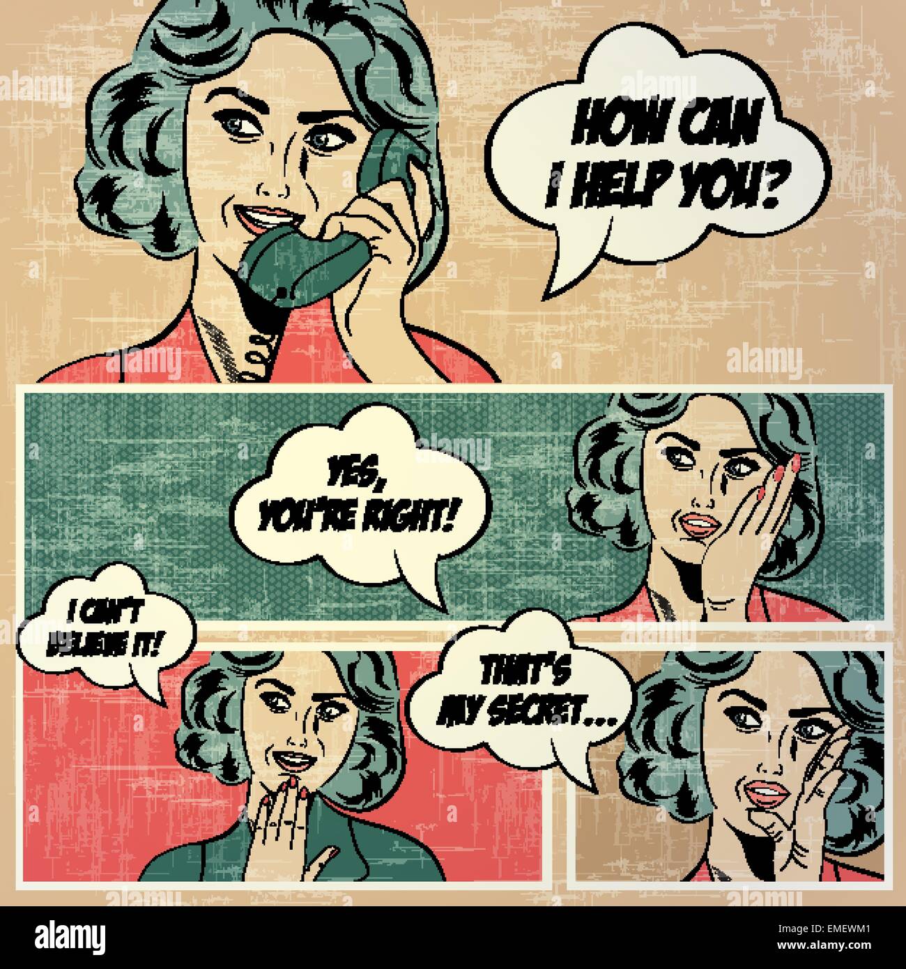 Illustrationen für Comic-Bücher mit Retro-Frau im Pop-Art-Stil Stock Vektor