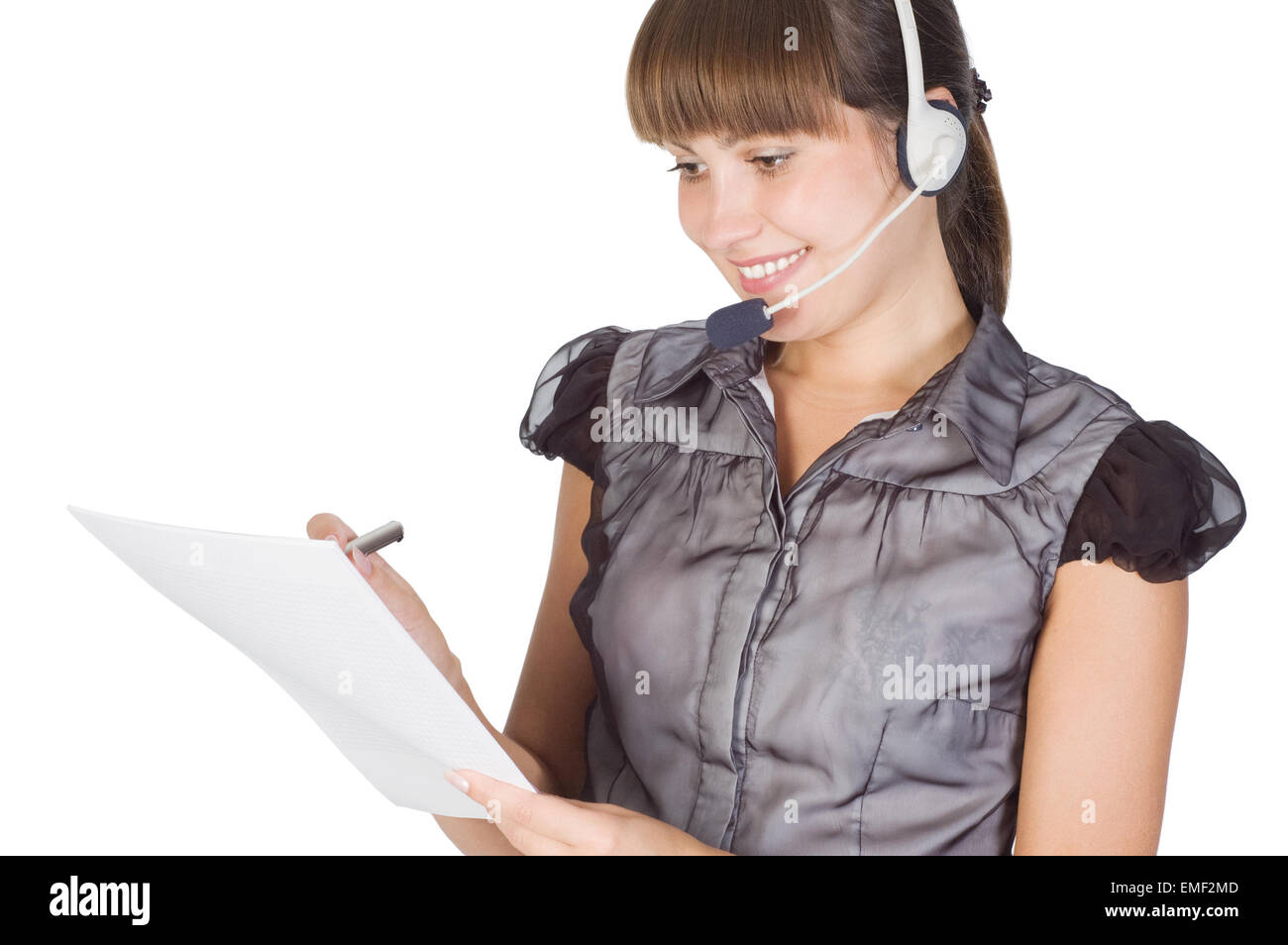 Junge glücklich schöne Kundenservice Betreiber Girl in Kopfhörer Stockfoto