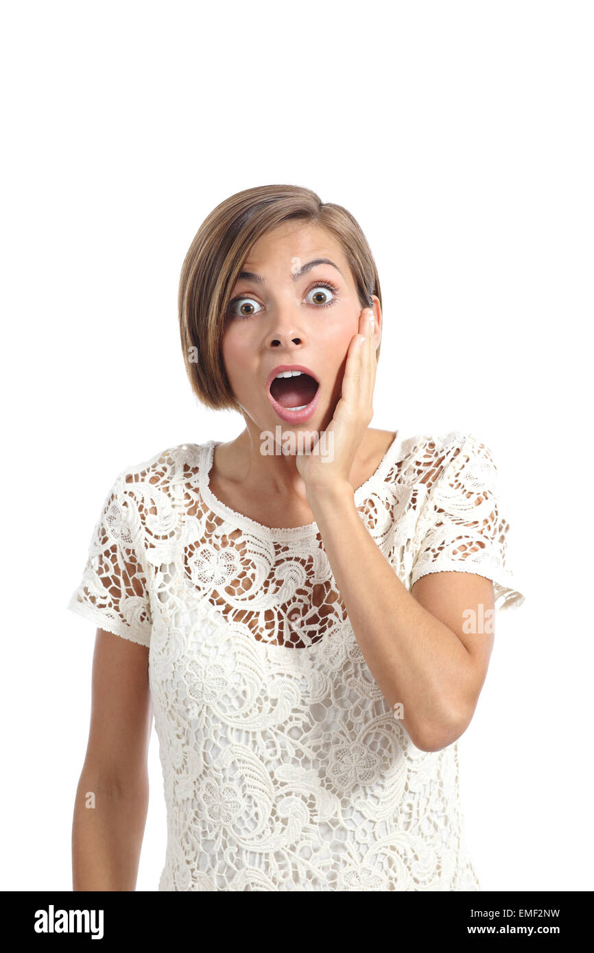 Geschockt oder überrascht Frau mit einer Hand am Gesicht ausdrücken Wow isoliert auf weißem Hintergrund Stockfoto