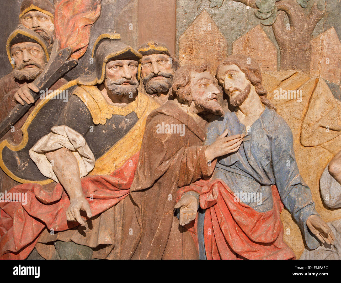 BANSKA STIAVNICA, Slowakei - 5. Februar 2015: Die Details der geschnitzten Relief der Verrat des Judas als Teil des barocken Kalvarienberg Stockfoto