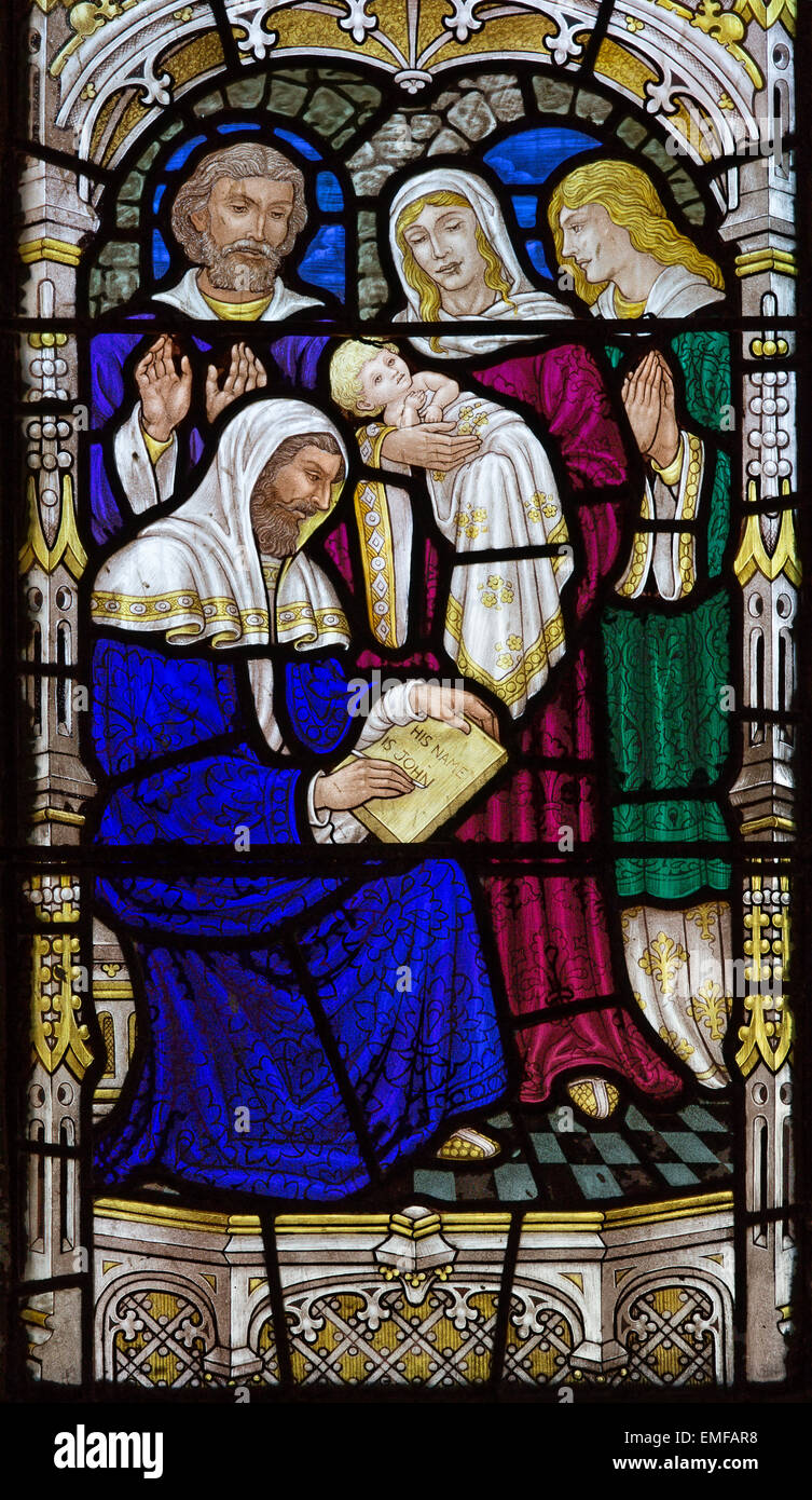 JERUSALEM, ISRAEL - 5. März 2015: Die Geburt des Heiligen Johannes der Täufer-Szene auf der Fensterscheibe in Anglikaner Kirche st. Georg Stockfoto