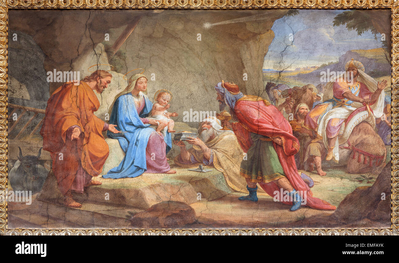 Rom, Italien - 27. März 2015: Die Anbetung der Heiligen drei Könige Fresko in der Basilica di Sant Agostino (Augustinus) von Pietro Gagliardi Stockfoto
