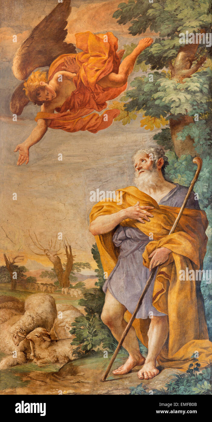 Rom, Italien - 27. März 2015: Verkündigung an die Hirten-Fresko in der Kirche Santa Maria Dell Anima von Carlo Grimaldi Stockfoto