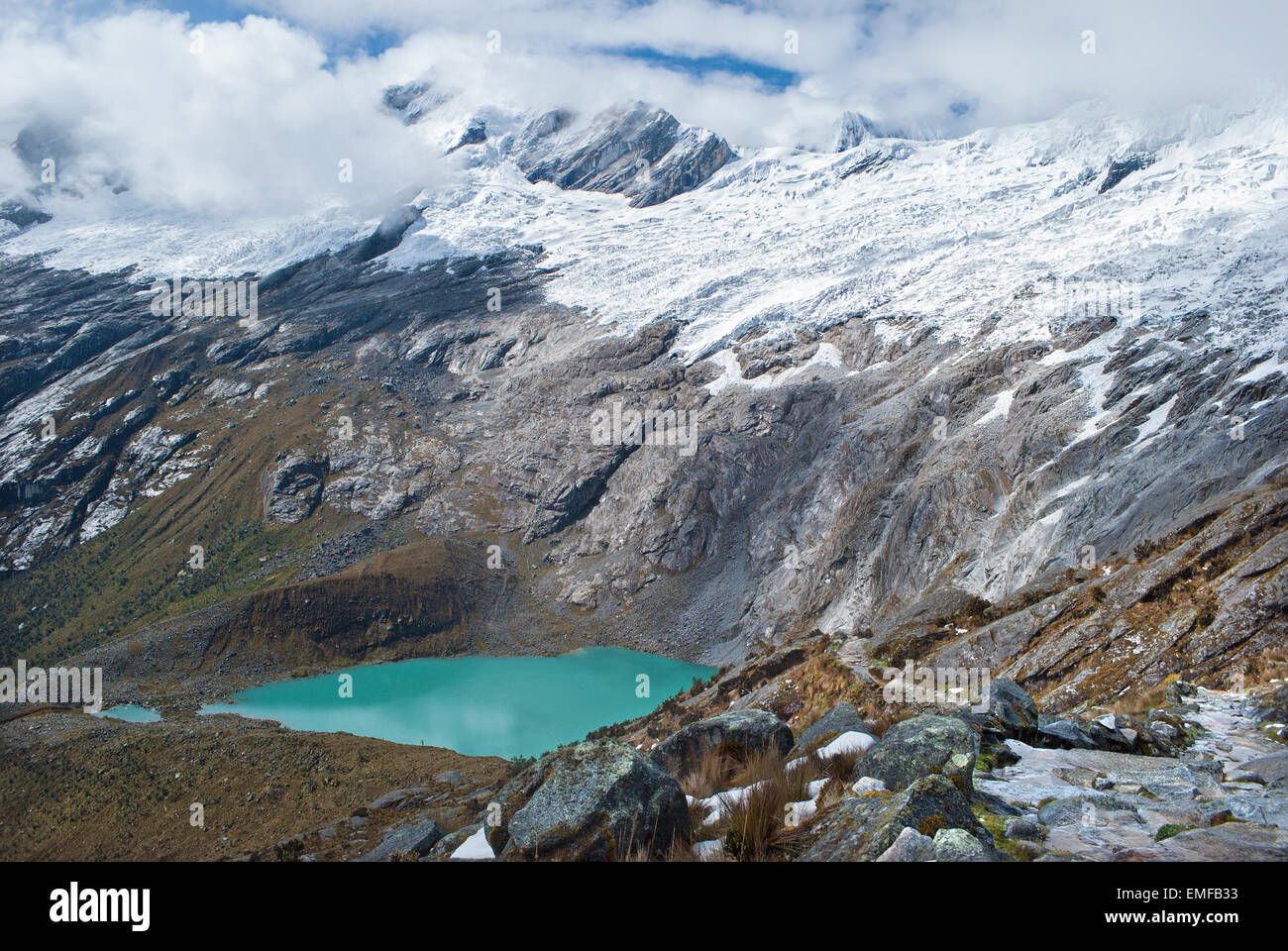 Peru - Look aus Cordillera Blanca in den Anden von der Trek von Santa Cruz - Lagunas Morococha. Stockfoto