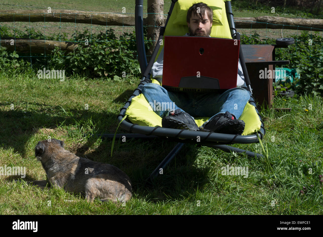 Junger Mann, ist entspannend, draußen im Garten. Tun, Überarbeitung und Gaming, ein Videospiel außerhalb auf einem Laptop Grenze Hund spielen Stockfoto