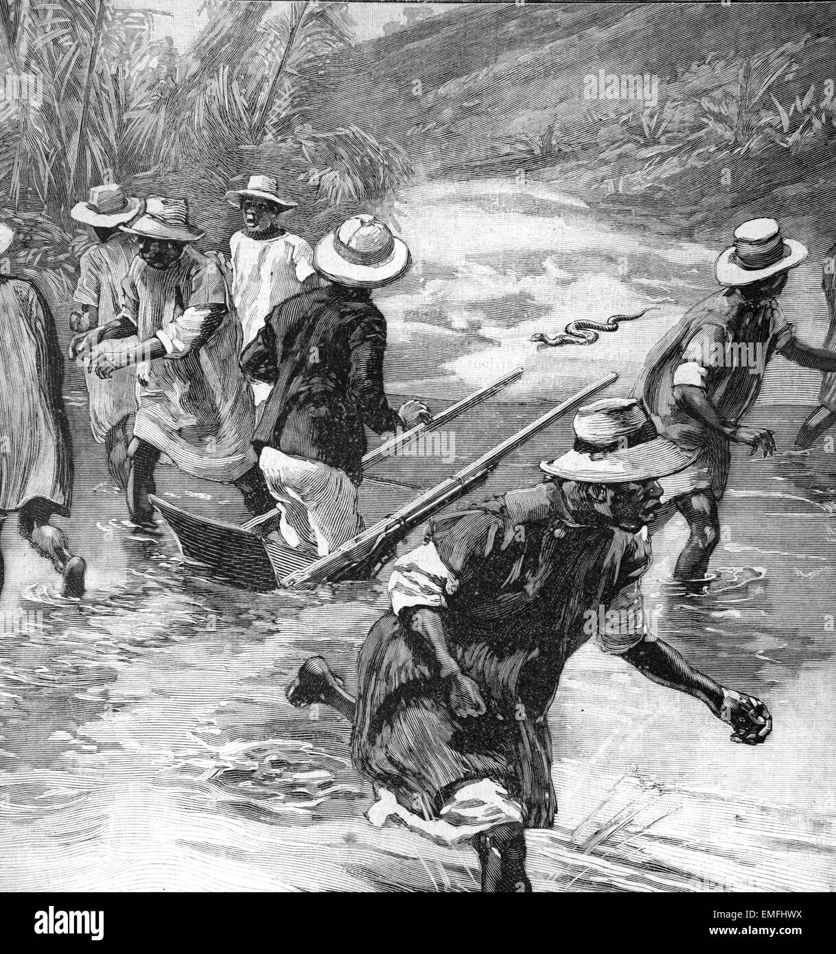 Betsimisaraka Menschen, die eine französischen kolonialen in einer Sänfte trugen fliehen nach Angst durch eine Schlange Madagaskar 1902 Stockfoto