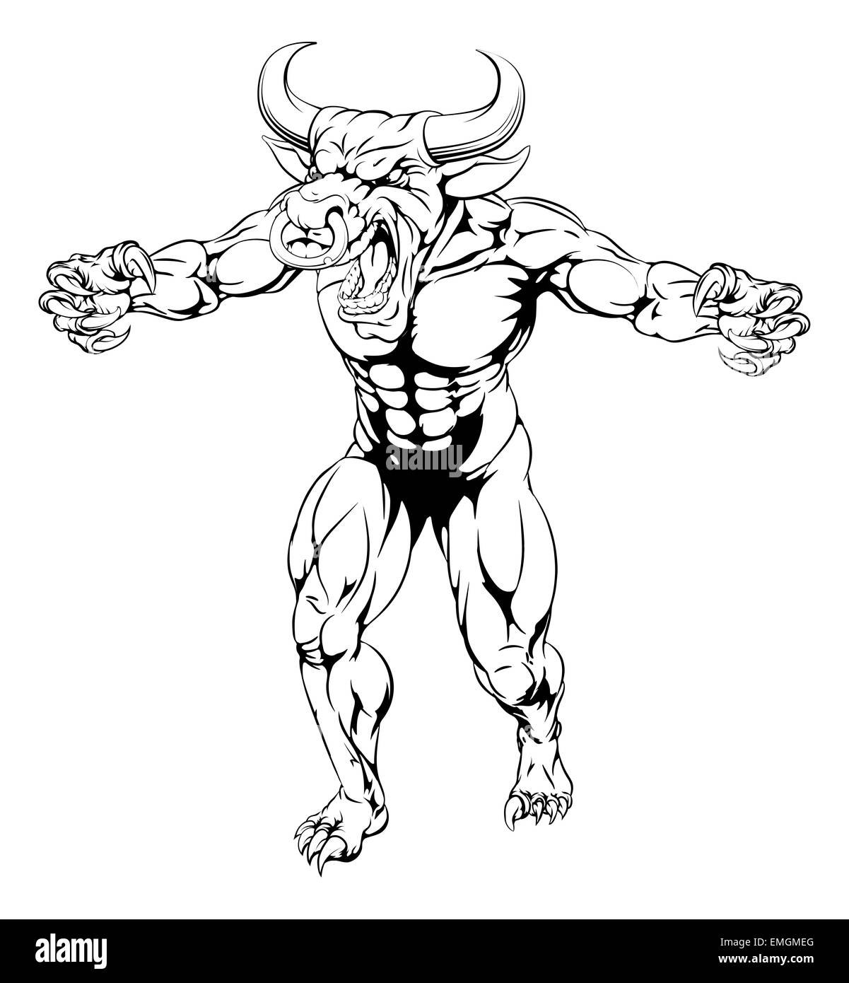 Eine aggressive hart meine Bull Sport Maskottchen Charakter Vormarsch auf den Angriff mit Krallen aus Stockfoto