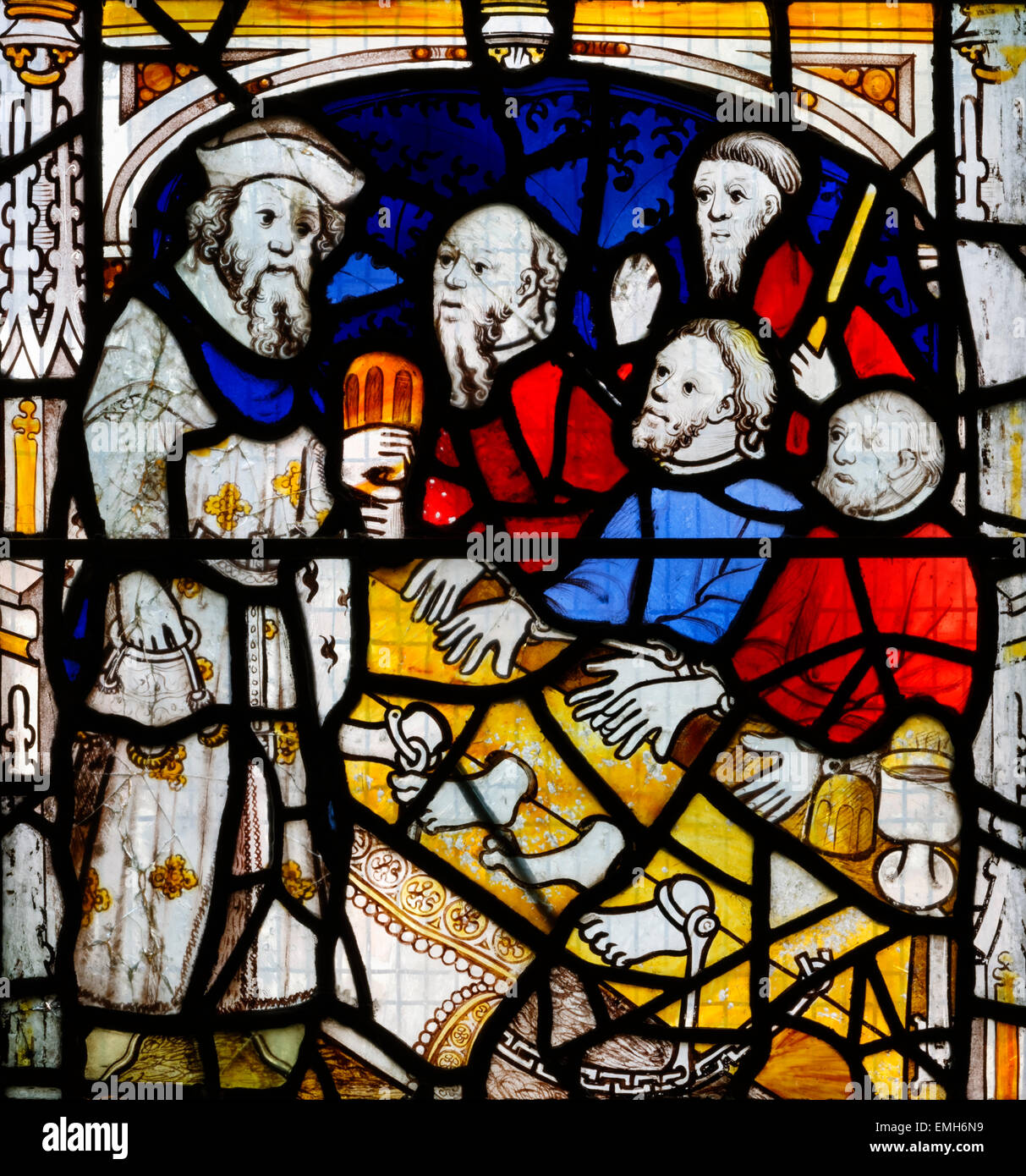"Nicholas Blackburn" gedacht, in die mittelalterliche Corporal Taten der Barmherzigkeit Fenster (Nr. 6), All Saints Church, York, England, UK Stockfoto