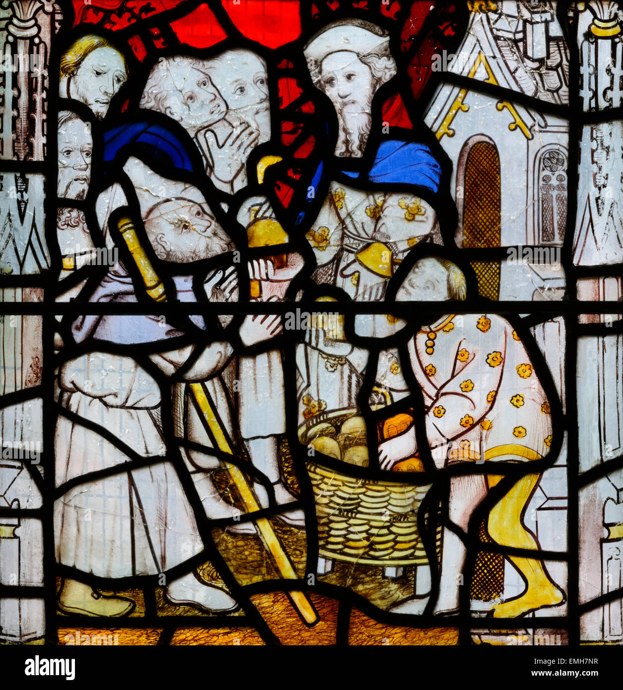 "Nicholas Blackburn" gedacht, in die mittelalterliche Corporal Taten der Barmherzigkeit Fenster (Nr. 1), All Saints Church, York, England, UK Stockfoto