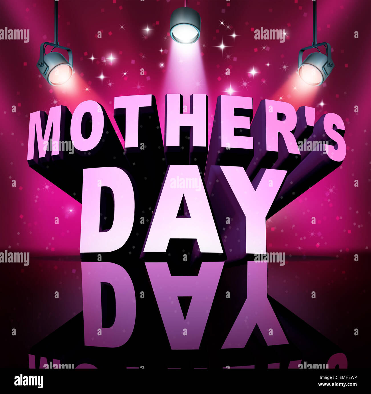 Glückliche Mütter Tag Text als drei dimensionale Buchstaben auf einer Bühne mit hellen Scheinwerfer als Monat der Maiferien Feier feiern Wertschätzung für Mütter Liebe. Stockfoto