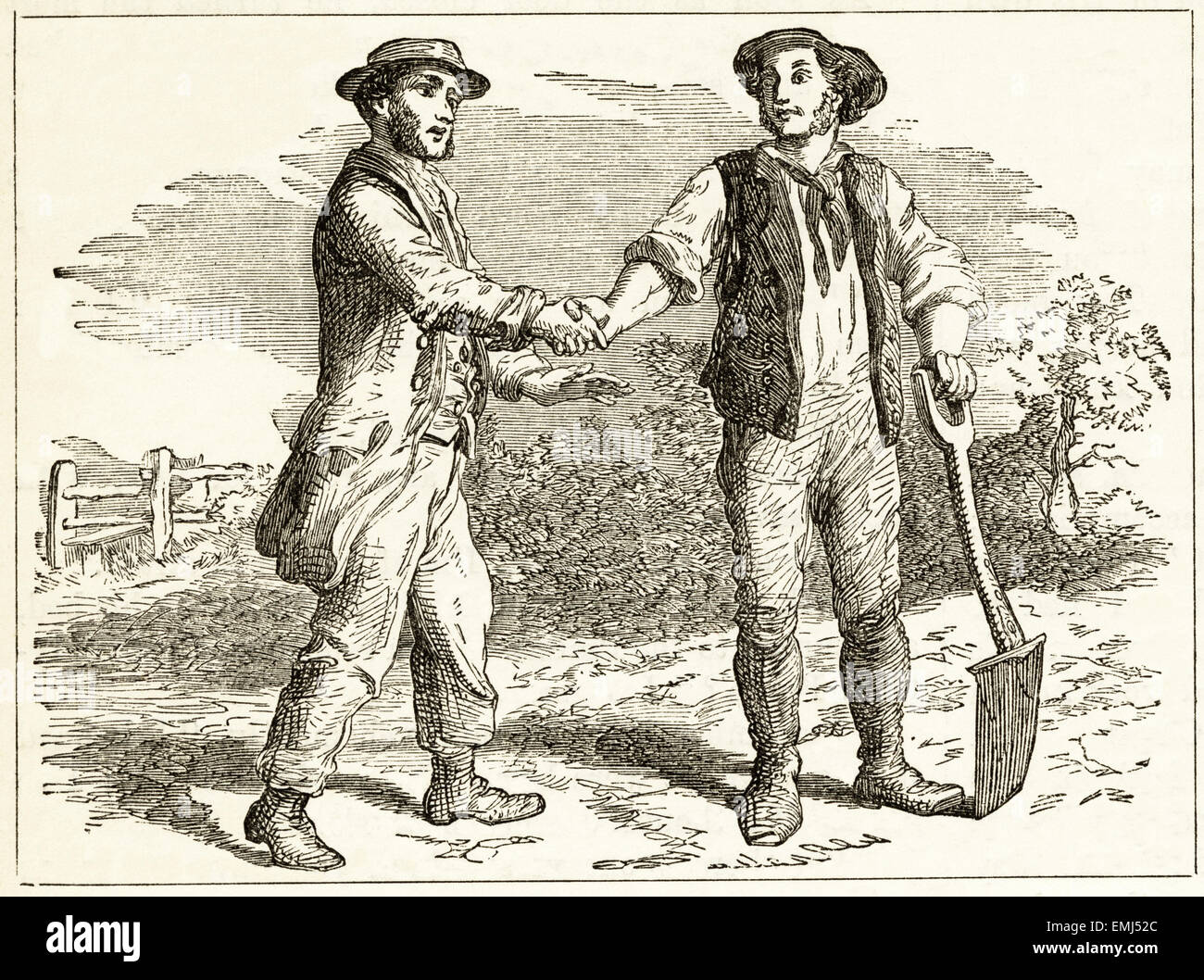 Landwirtschaftliche Arbeiter auf dem Land treffen. Viktorianische Holzschnitt Gravur datiert 1890 Stockfoto